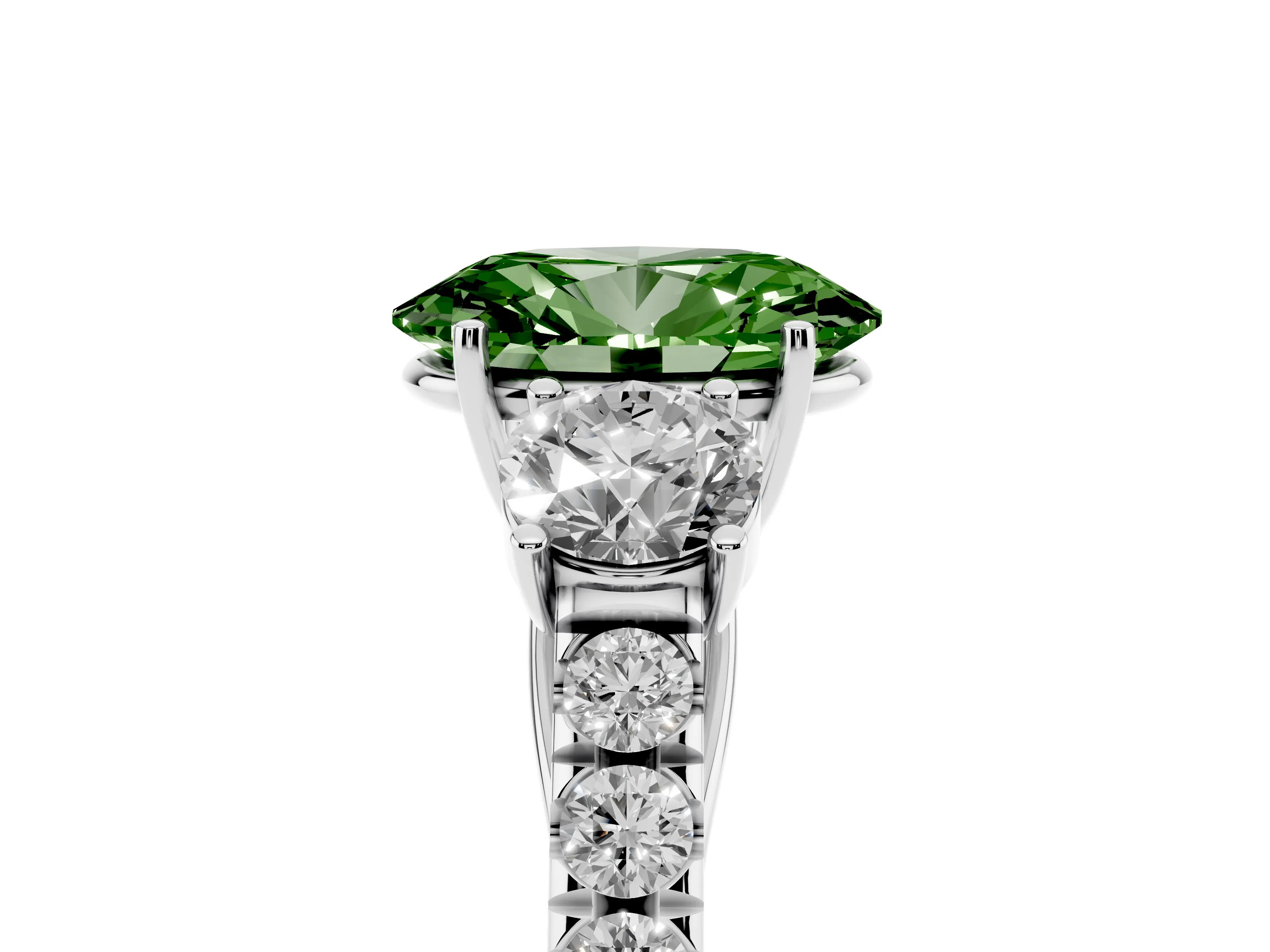Fancy Green Oval Cut Diamond Three-Stone Ring Set in Silver with Round Side Stones and Delicate Pavé Band