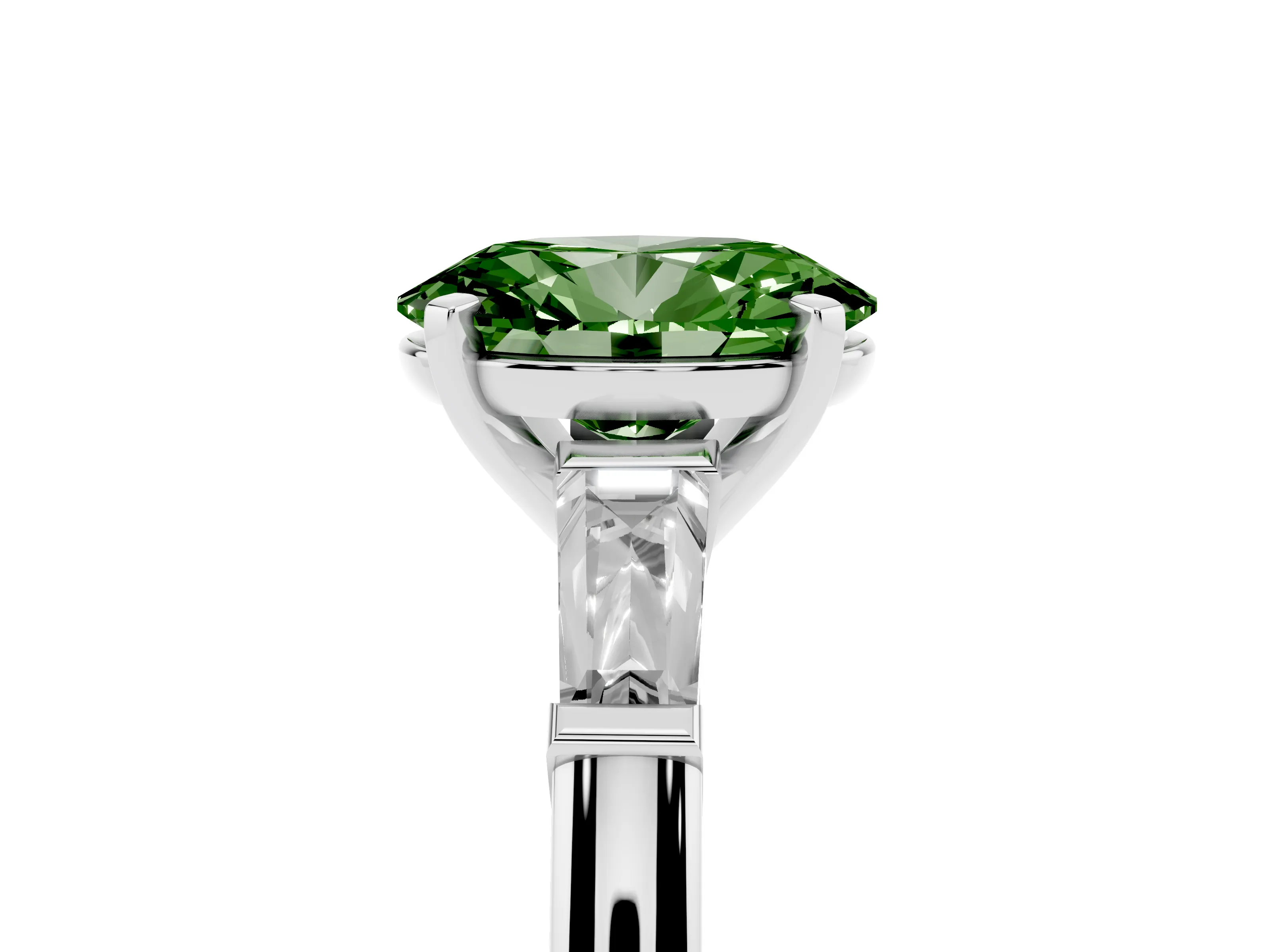 Fancy Green Oval Cut Diamond Solitaire Ring Set in Platinum with Tapered Baguette Side Stones and Prong Setting
