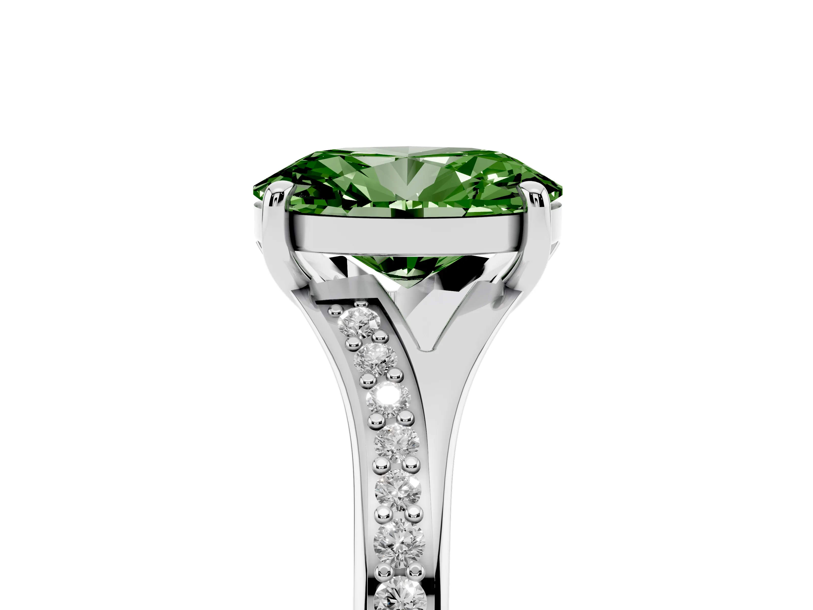 Fancy Green Oval Cut Diamond Solitaire Ring Set in White gold with Pavé Accent Band and Classic Prong Setting