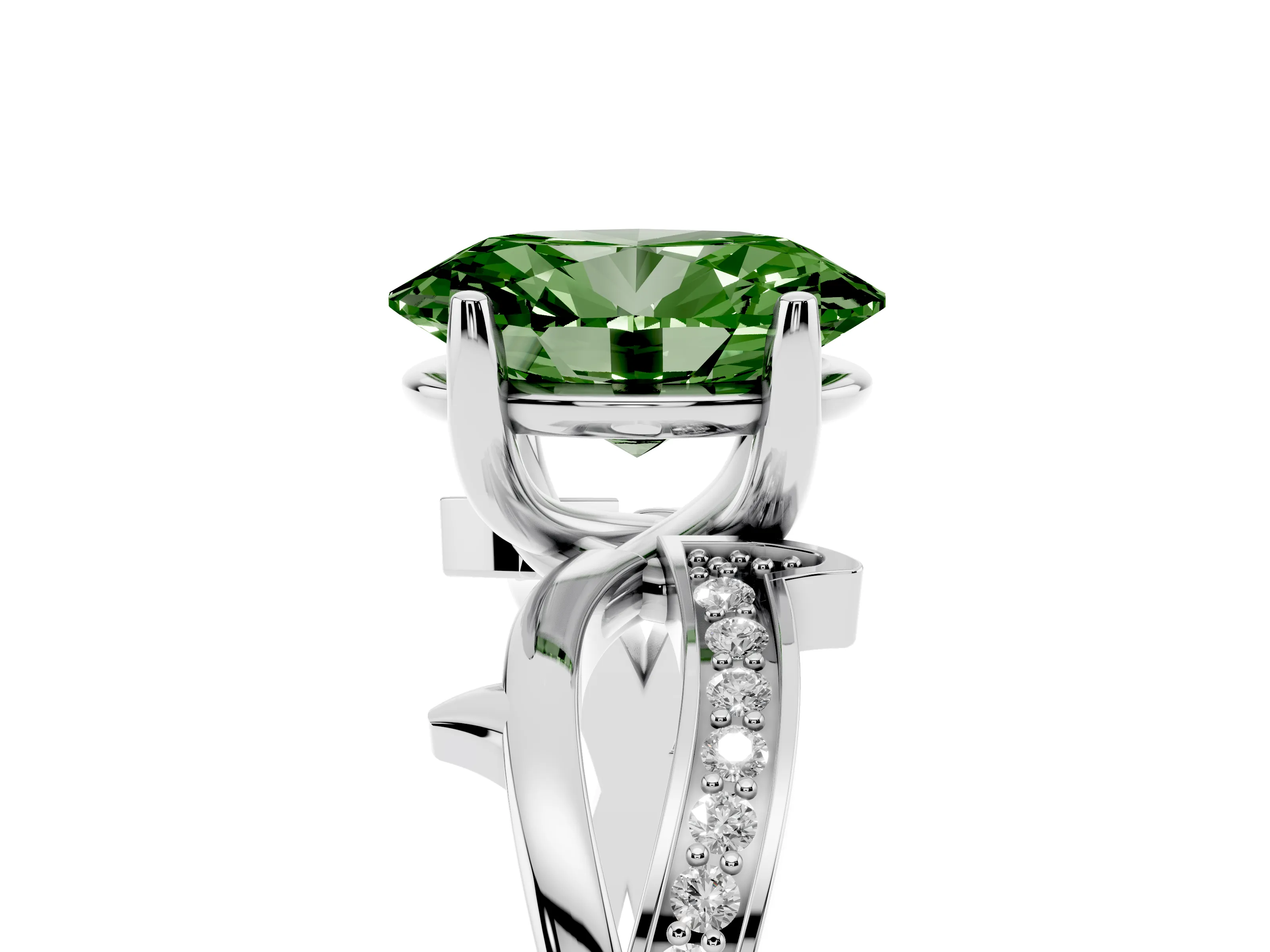 Fancy Green Oval Cut Diamond Pavé Twist Band Solitaire Ring Set in Platinum with Prong Setting