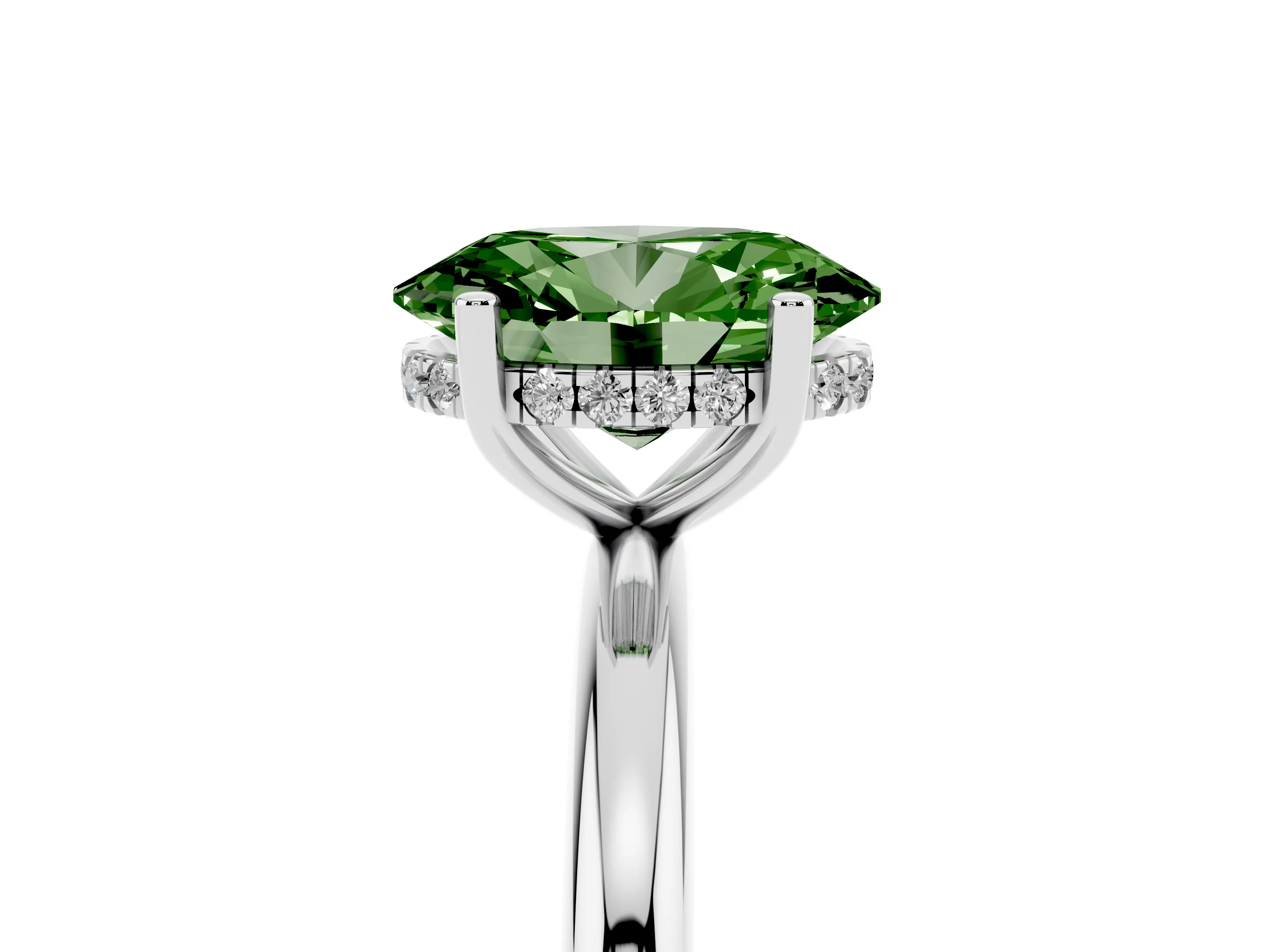 Fancy Green Oval Cut Diamond Solitaire Engagement Ring Set in White gold with Prong Setting and Polished Band