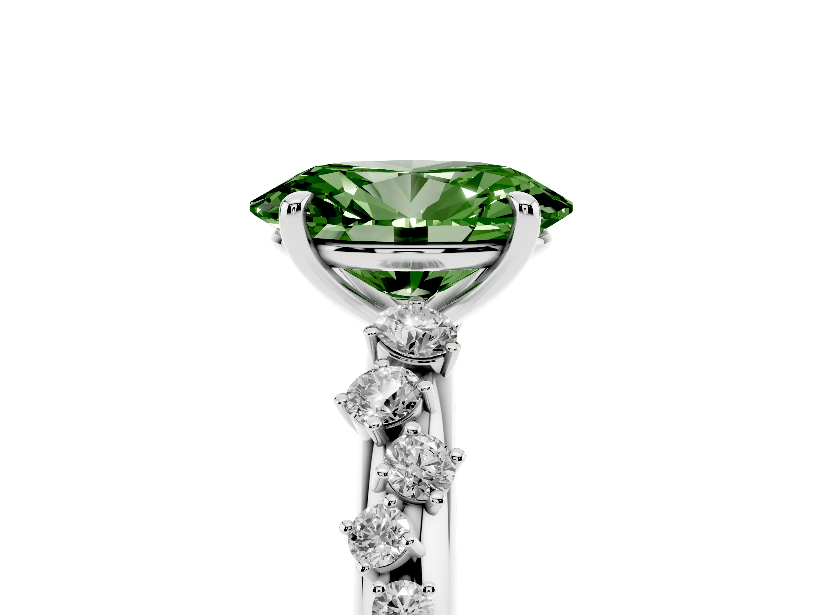 Fancy Green Oval Cut Diamond Cluster Solitaire Ring Set in Platinum with Prong Setting