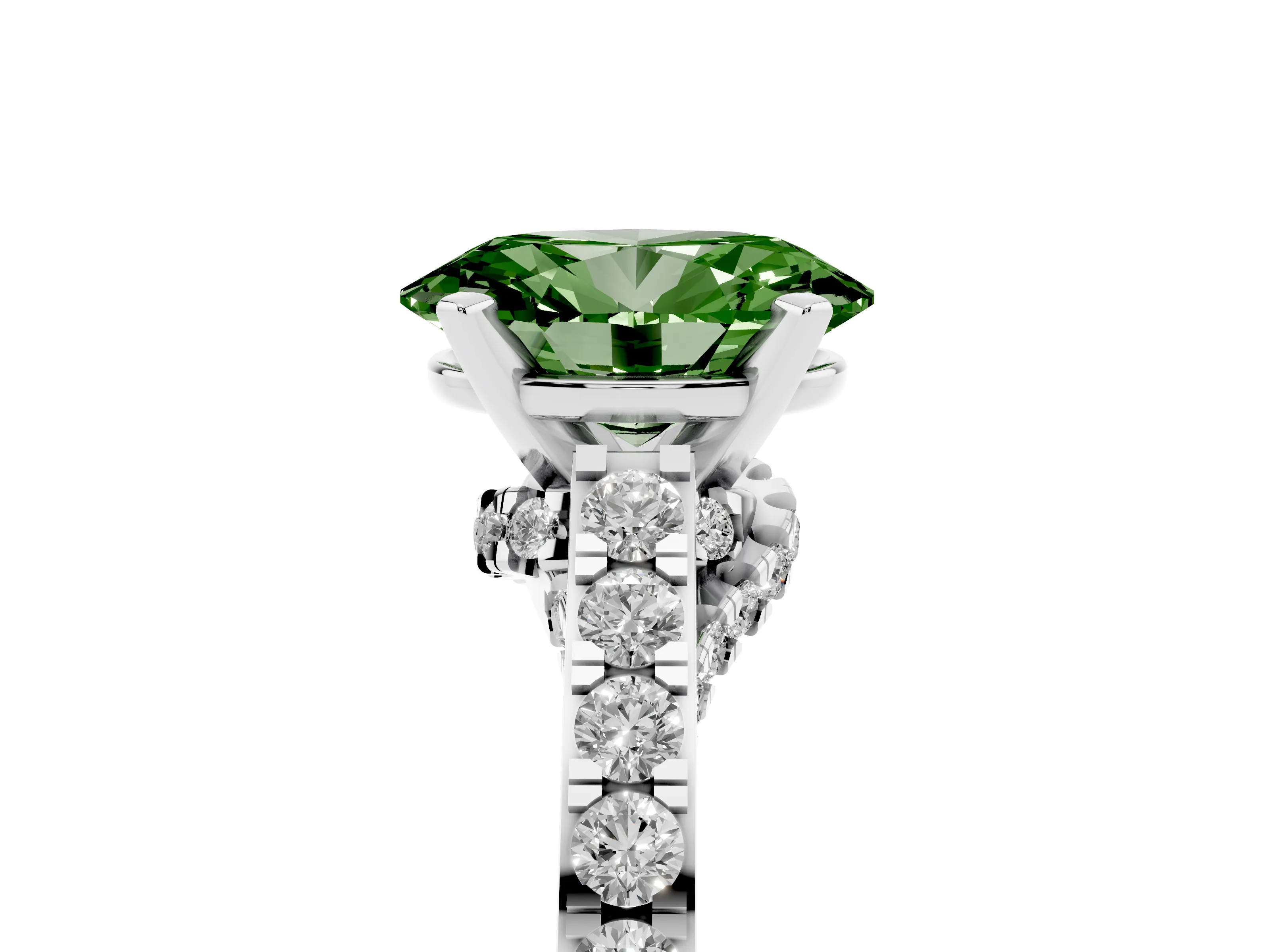 Fancy Green Oval Cut Diamond Solitaire Ring Set in Platinum with Crossover Gallery and Round Pavé Band