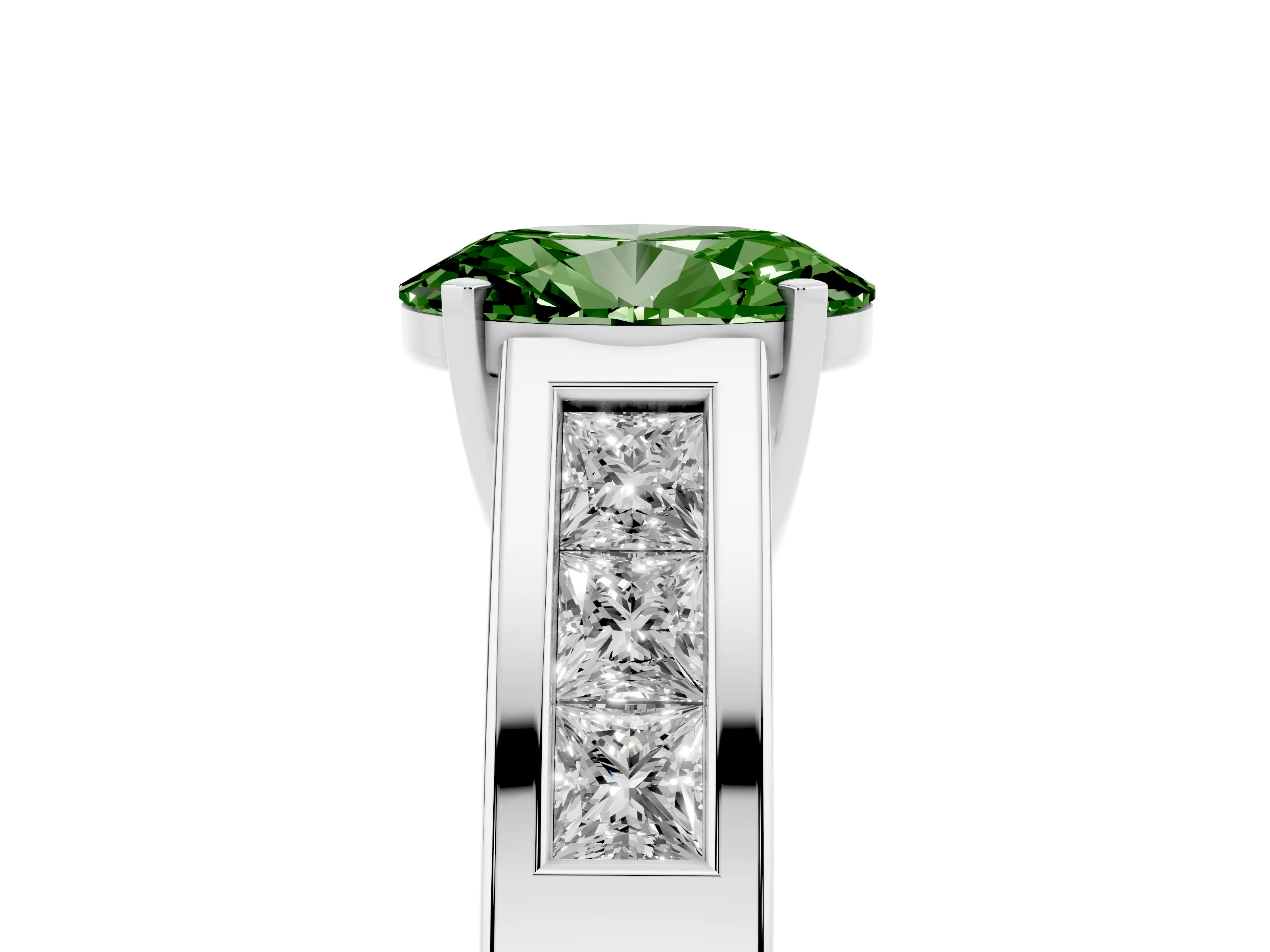 Fancy Green Oval Cut Diamond Solitaire Ring Set in Silver with Channel-Set Accent Stones and Prong Setting