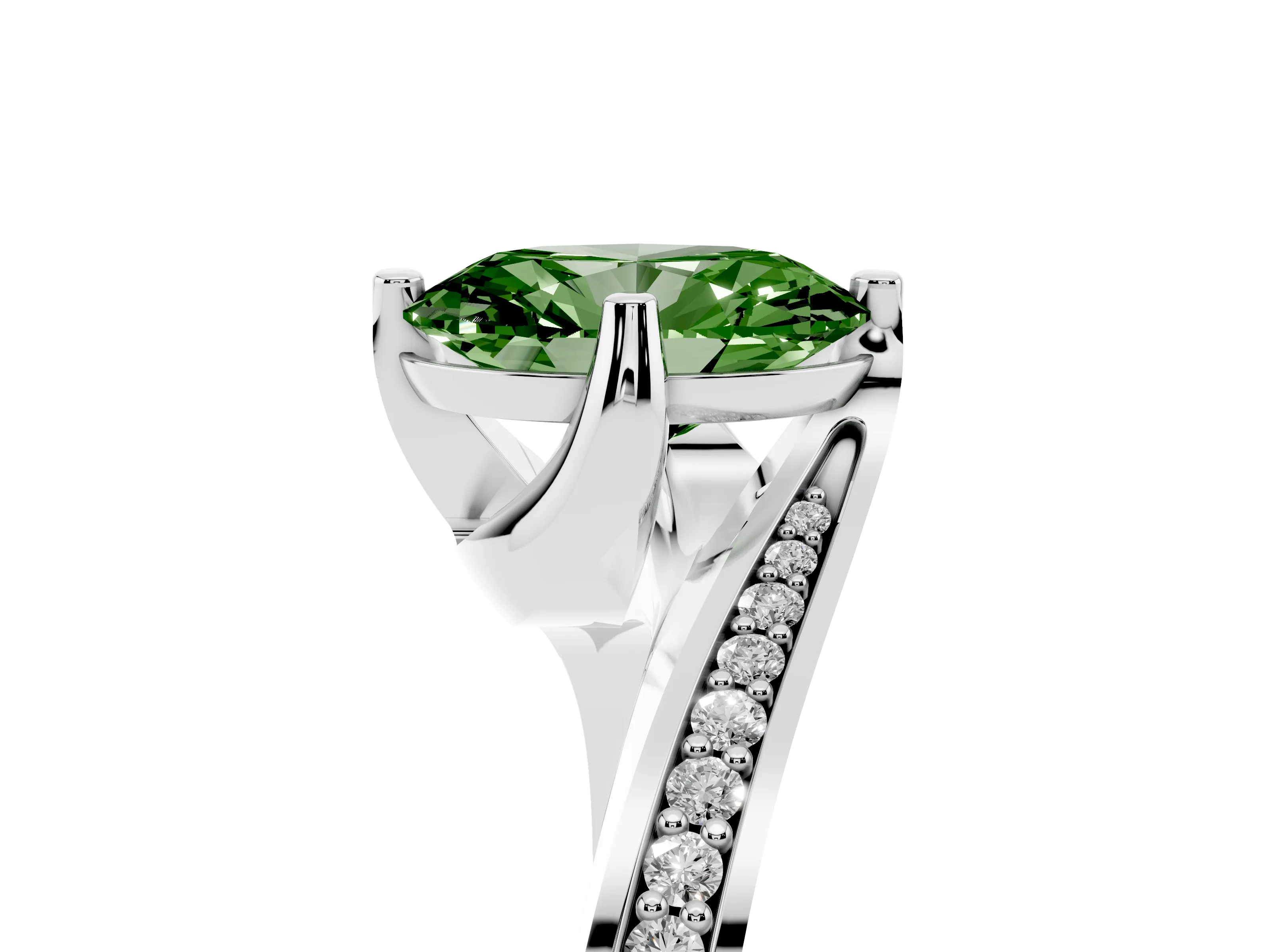 Fancy Green Oval Cut Diamond Solitaire Ring Set in Silver with Intertwined Pavé Twist Band