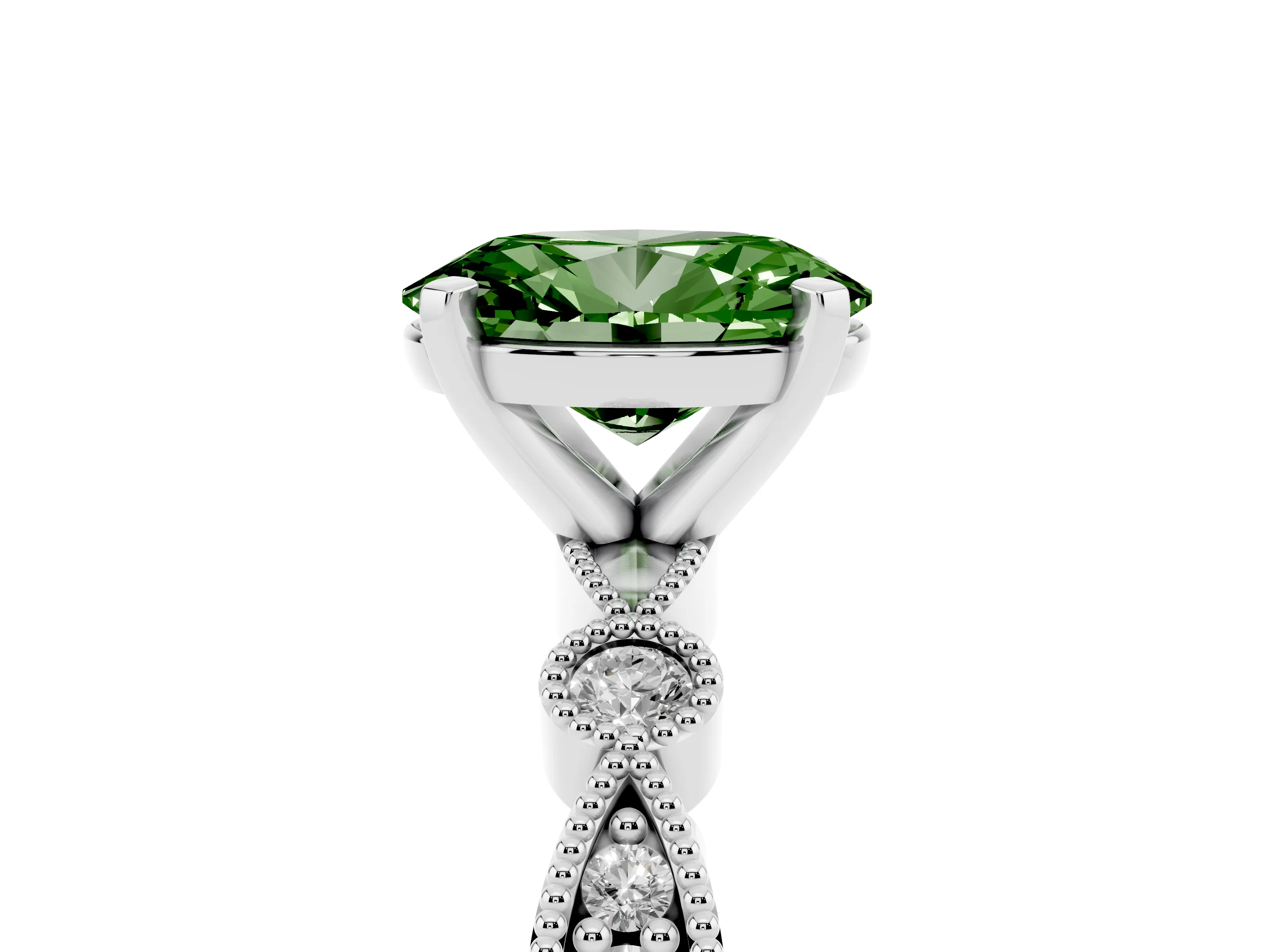 Fancy Green Oval Cut Diamond Solitaire Engagement Ring Set in Silver with Milgrain Bezel Accent Band