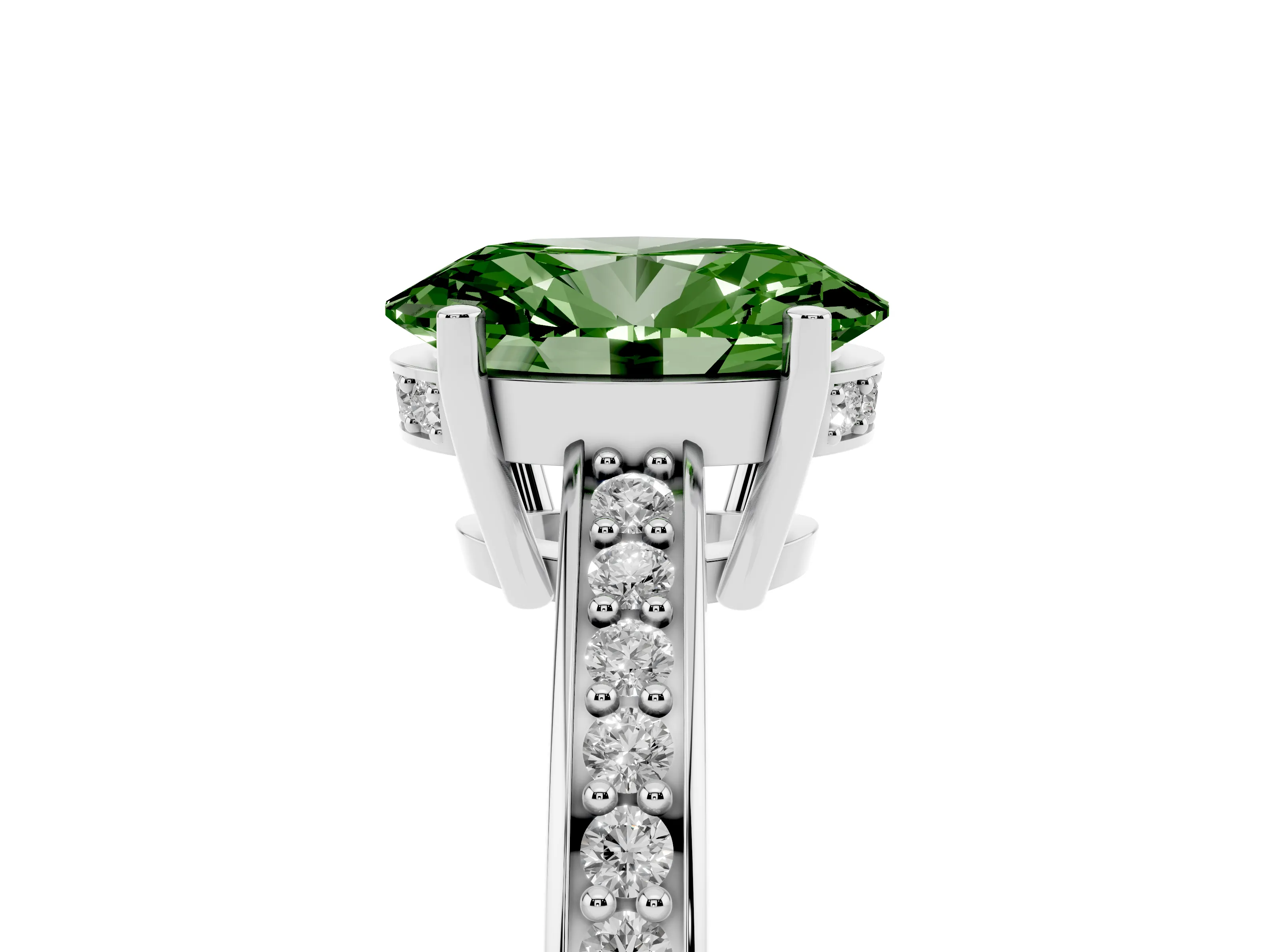 Fancy Green Oval Cut Diamond Pavé Band Prong Set Solitaire Ring Set in Platinum