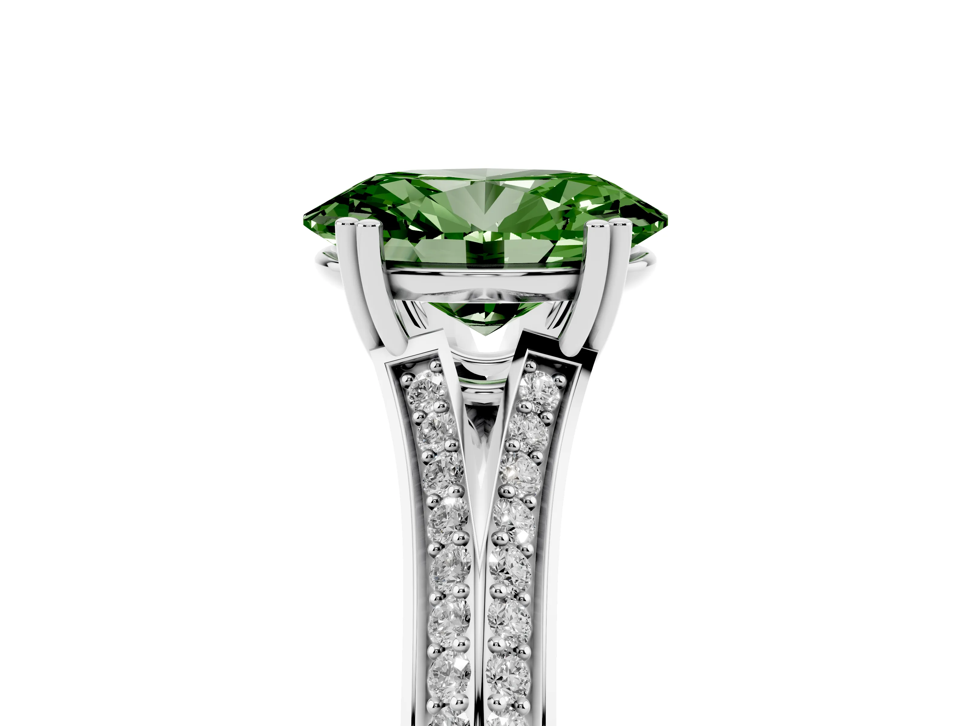 Fancy Green Oval Cut Diamond Split Shank Pavé Engagement Ring Set in Silver with Prong-Set Center Stone