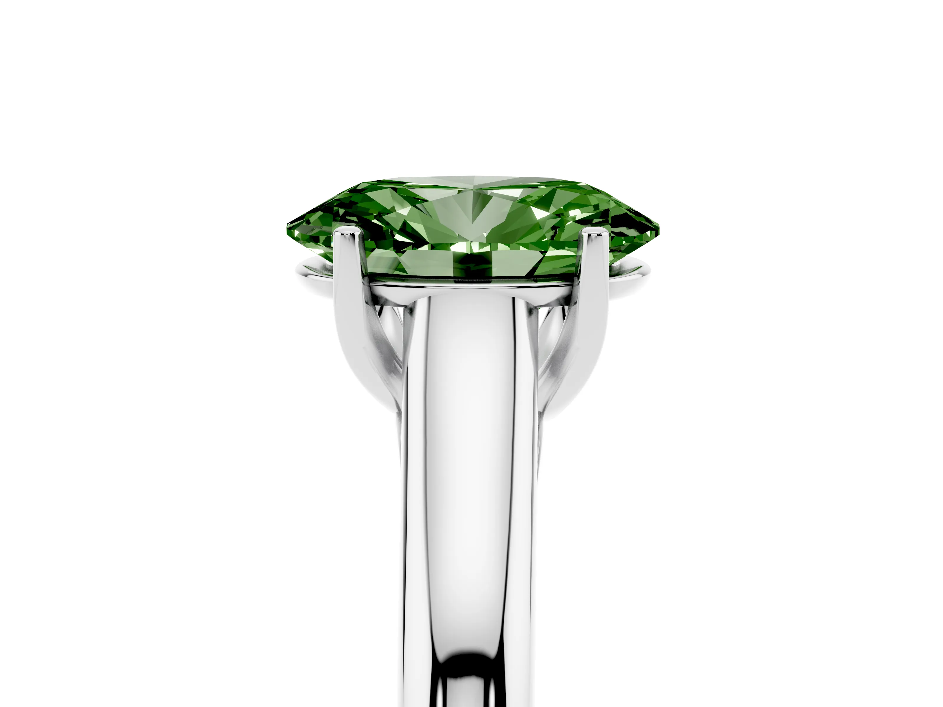 Fancy Green Oval Cut Diamond Solitaire Engagement Ring Set in White gold with Subtly Tapered Band and Prong Setting