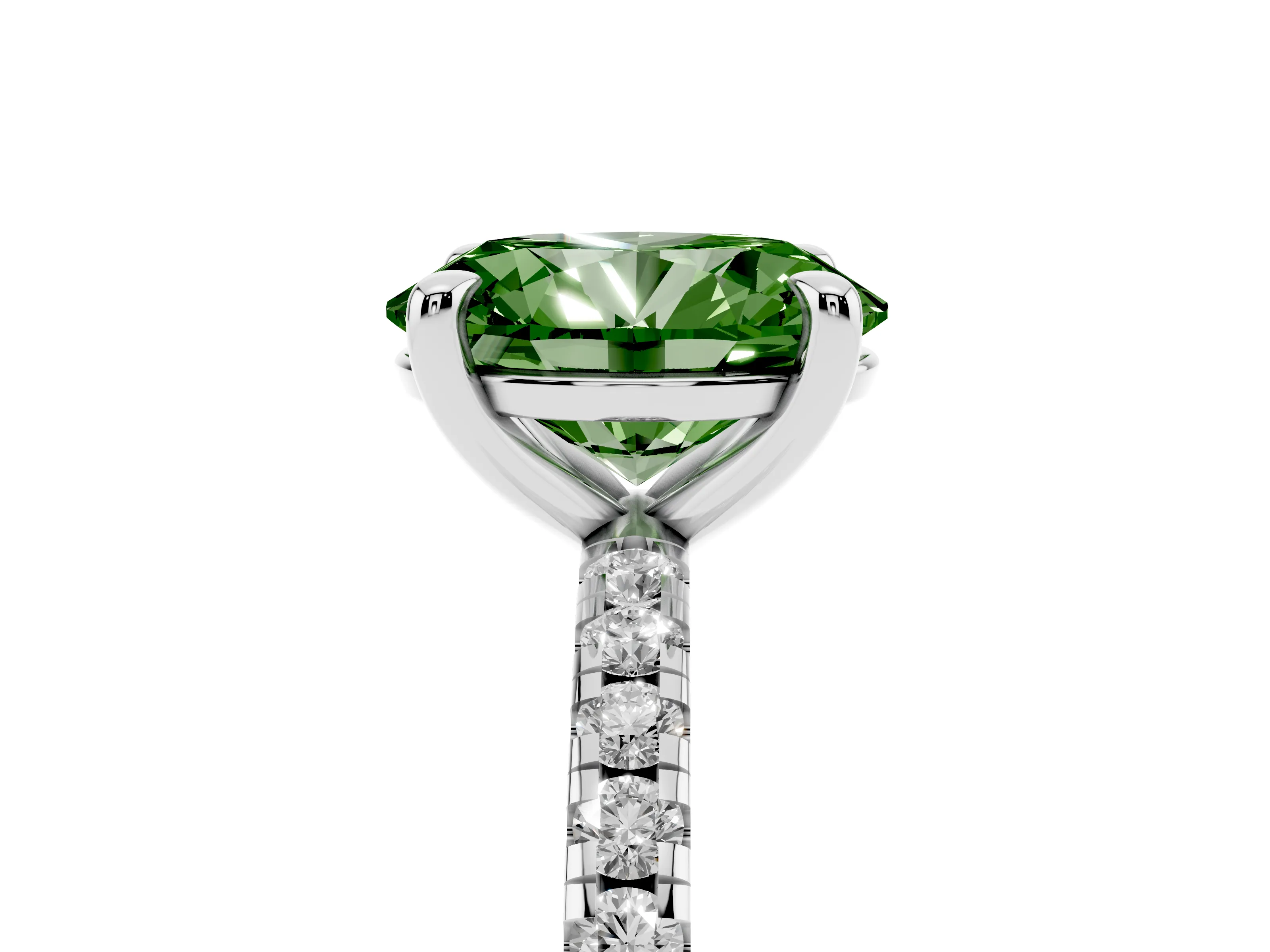Fancy Green Oval Cut Diamond Brilliant Solitaire Ring Set in White gold with Pavé Band and Prong Setting