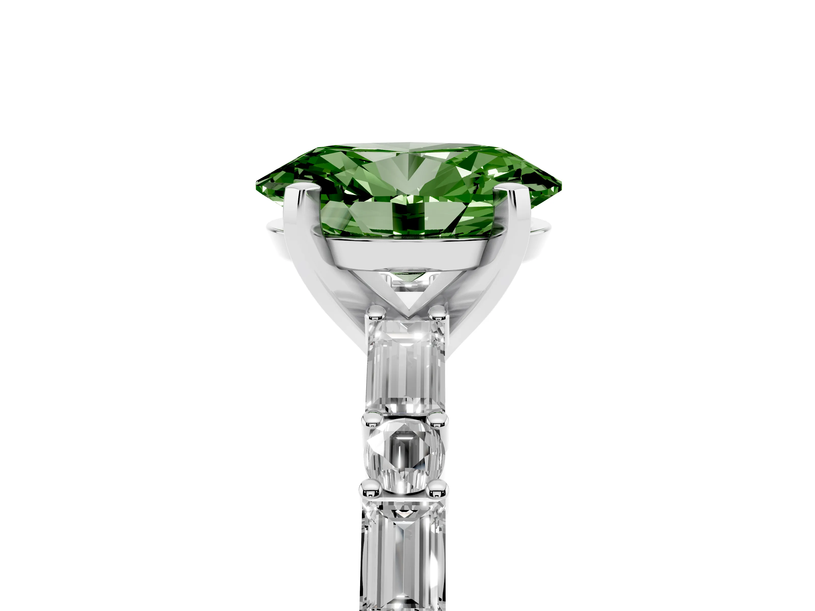 Fancy Green Oval Cut Diamond Solitaire Set in Silver with Side Baguettes and Channel Set Band