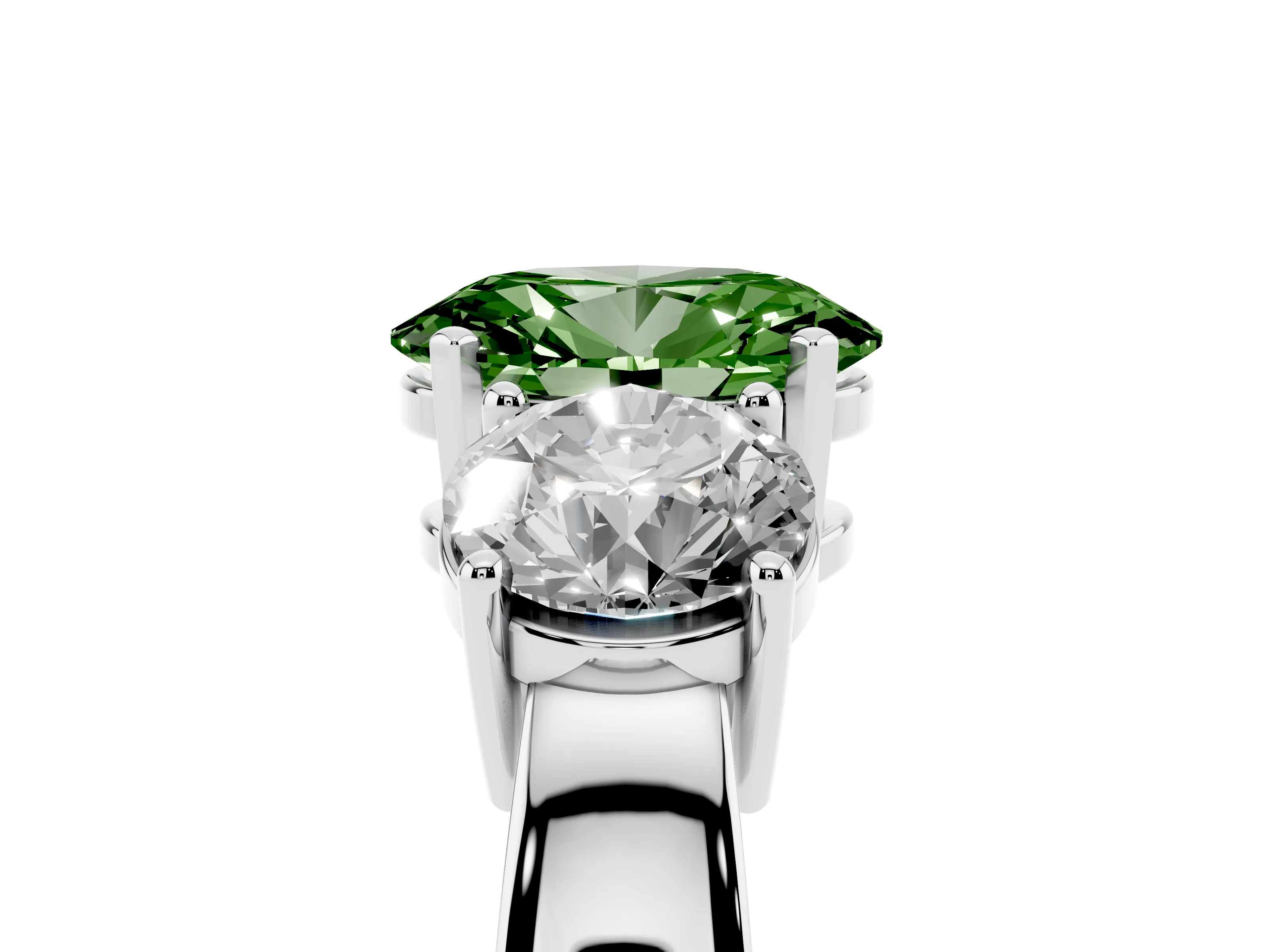 Fancy Green Oval Cut Diamond Three-Stone Ring Set in Platinum with Round Side Stones and Classic Band