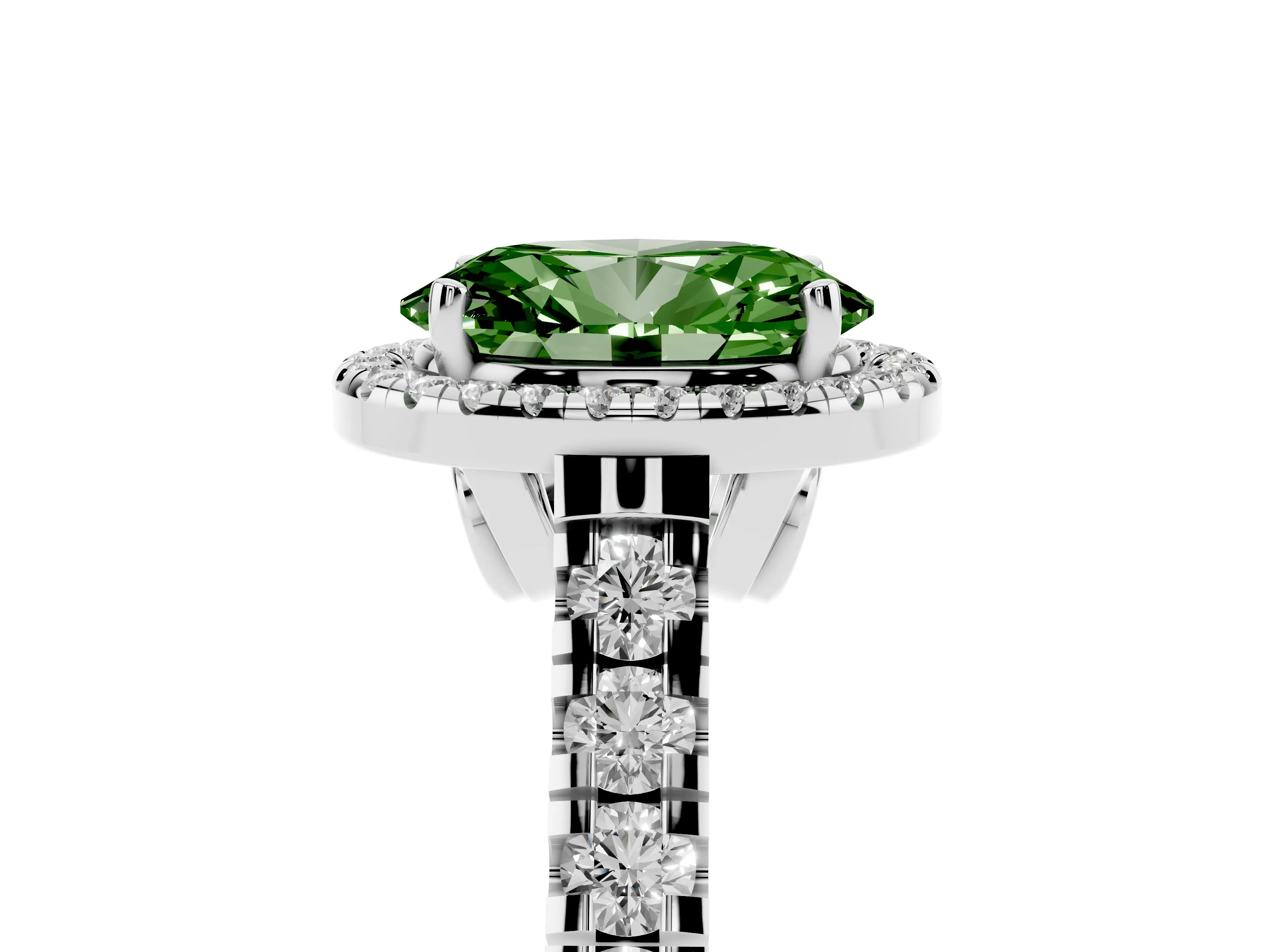 Fancy Green Oval Cut Diamond Halo Engagement Ring Set in White gold with Pavé Band and Prong-Set Center