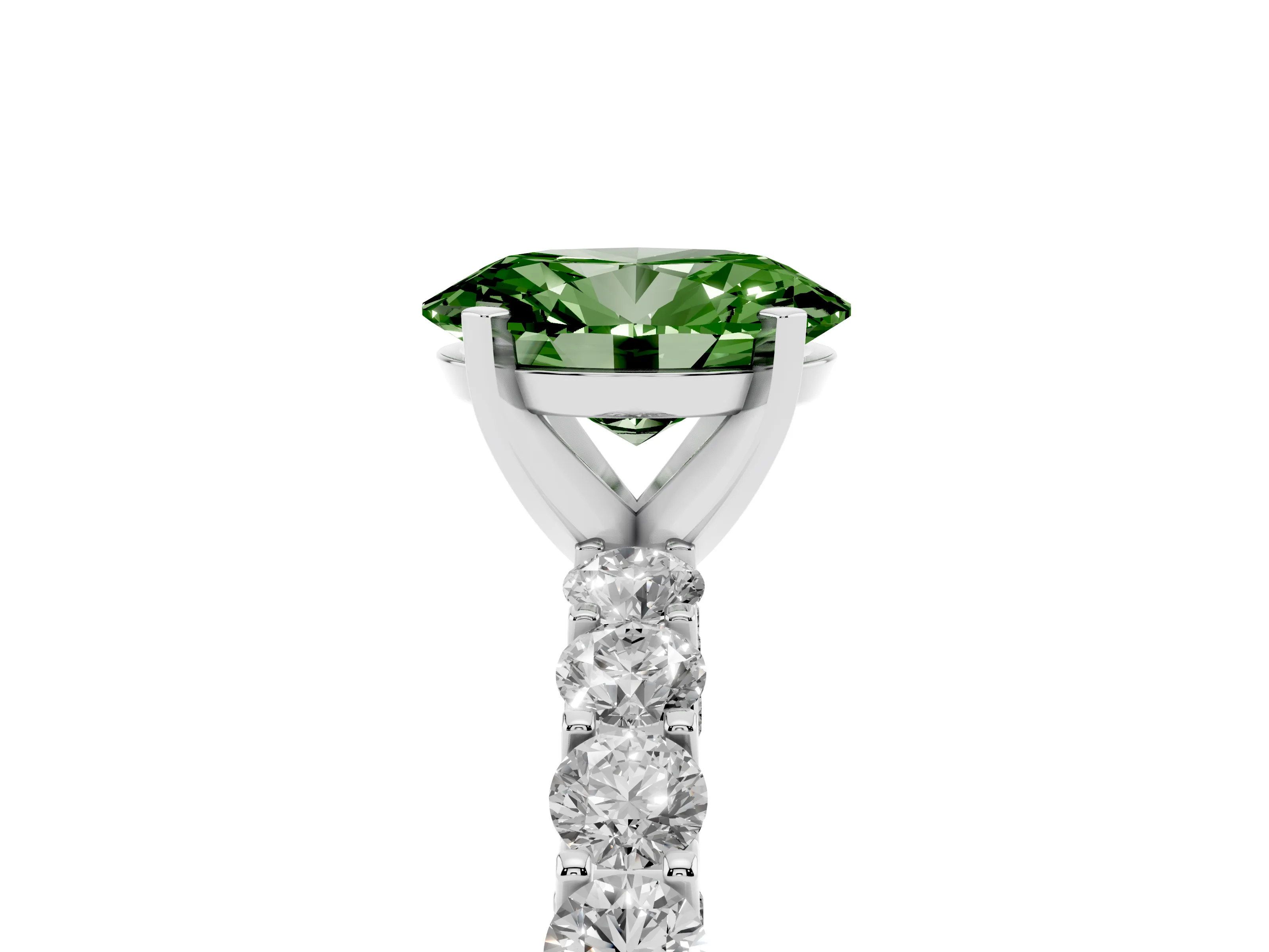 Fancy Green Oval Cut Diamond Solitaire Ring Set in Silver with Shared Prong Pavé Band