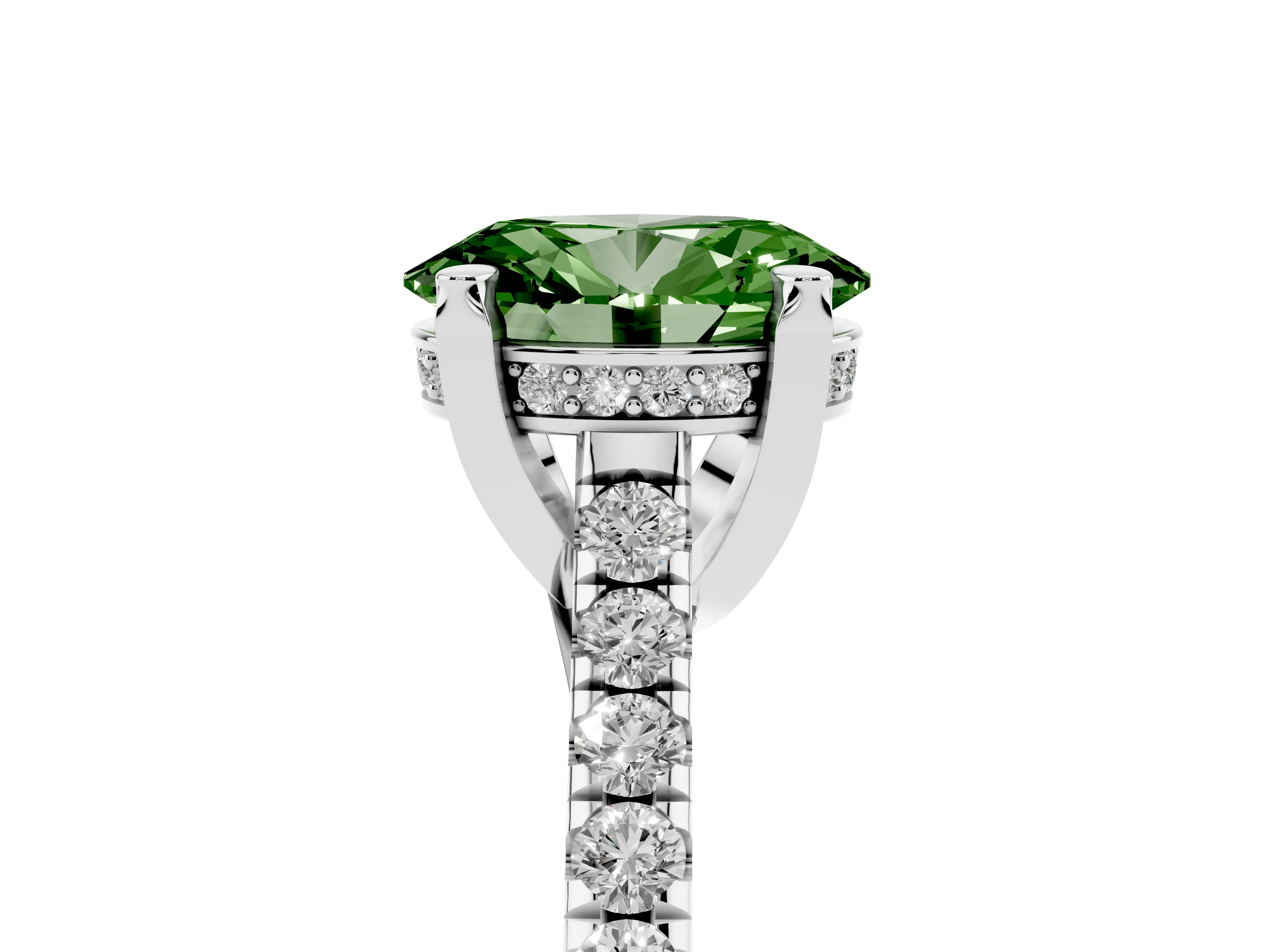 Fancy Green Oval Cut Diamond Solitaire Ring Set in Silver with Brilliant Pavé Band and Prong Setting