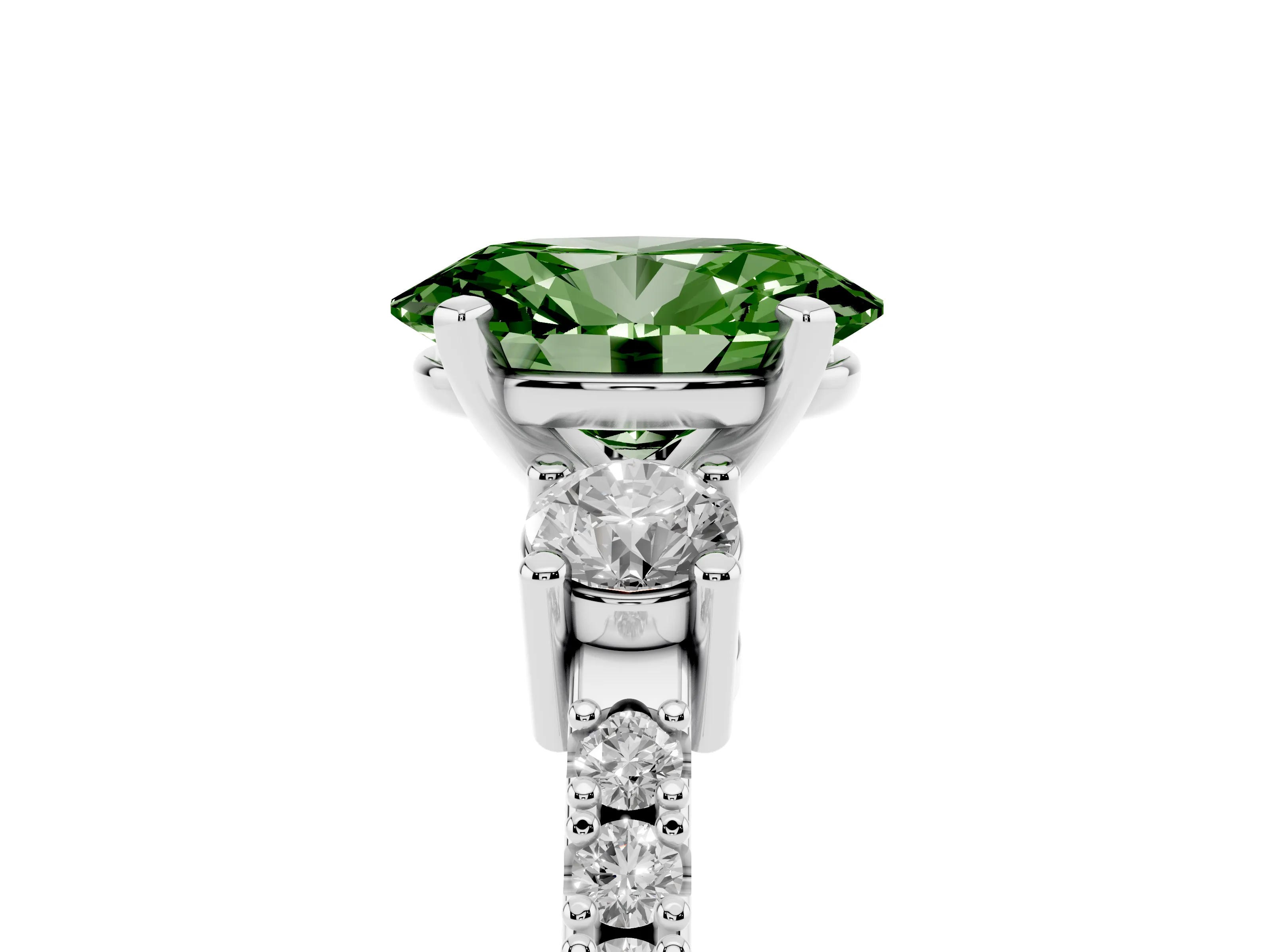 Fancy Green Three-Stone Oval Cut Diamond Pavé Band Ring Set in Silver with Prong Setting