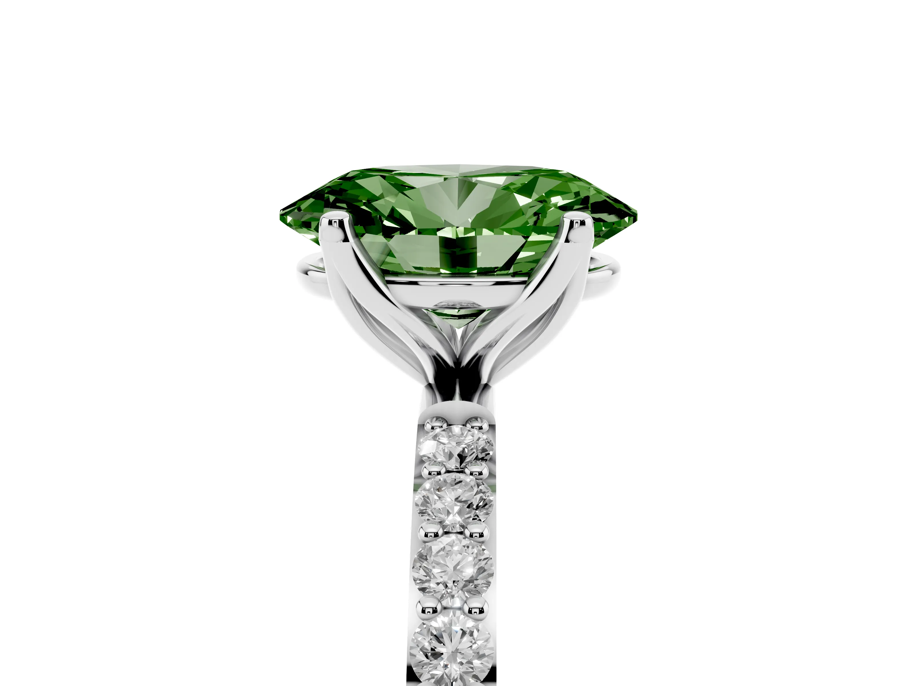 Fancy Green Oval Cut Diamond Solitaire Engagement Ring Set in White gold with Round Pavé Band and Prong Setting