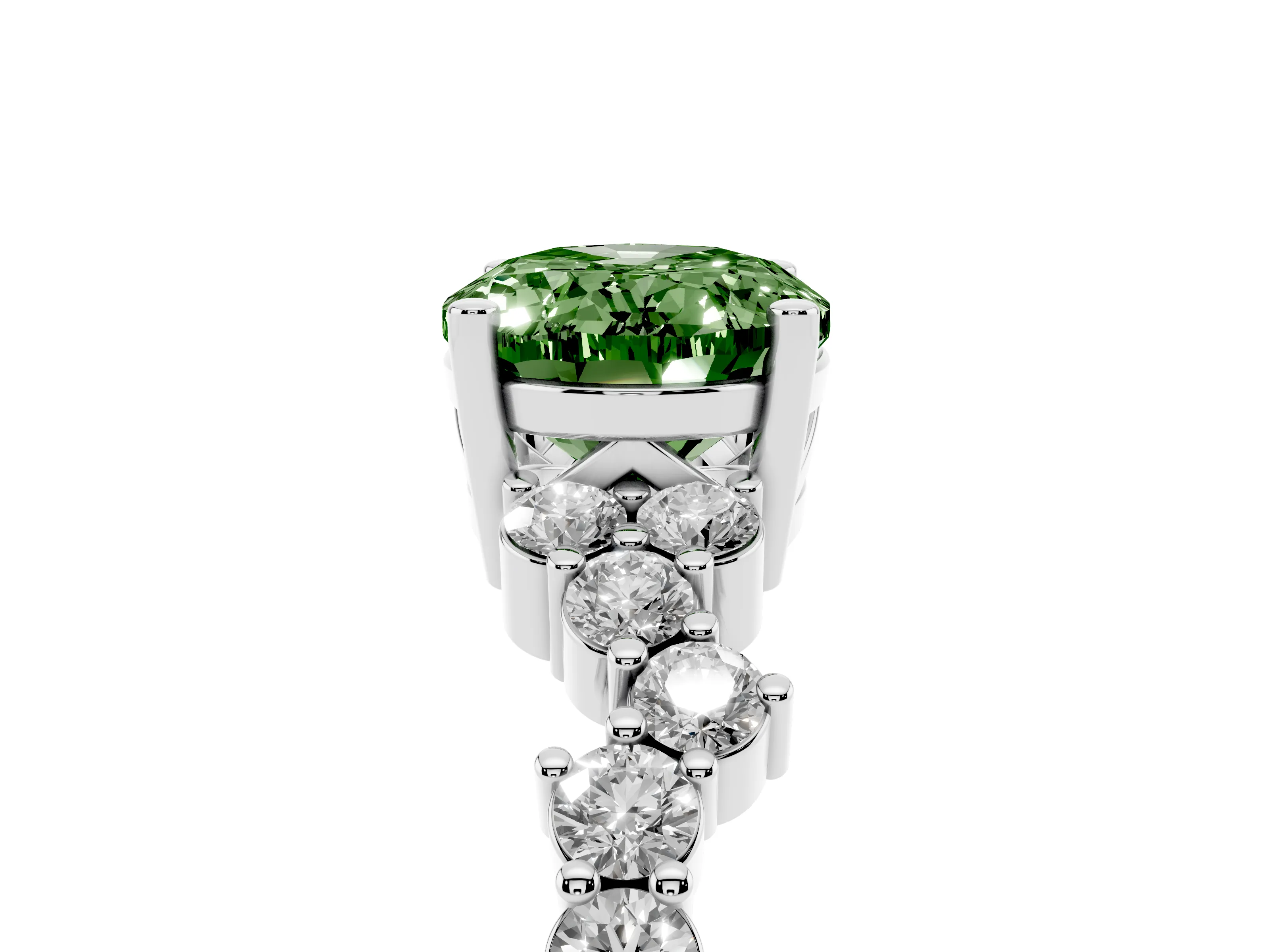 Fancy Green Oval Cut Diamond Ring Set in Silver with Scattered Round Accents
