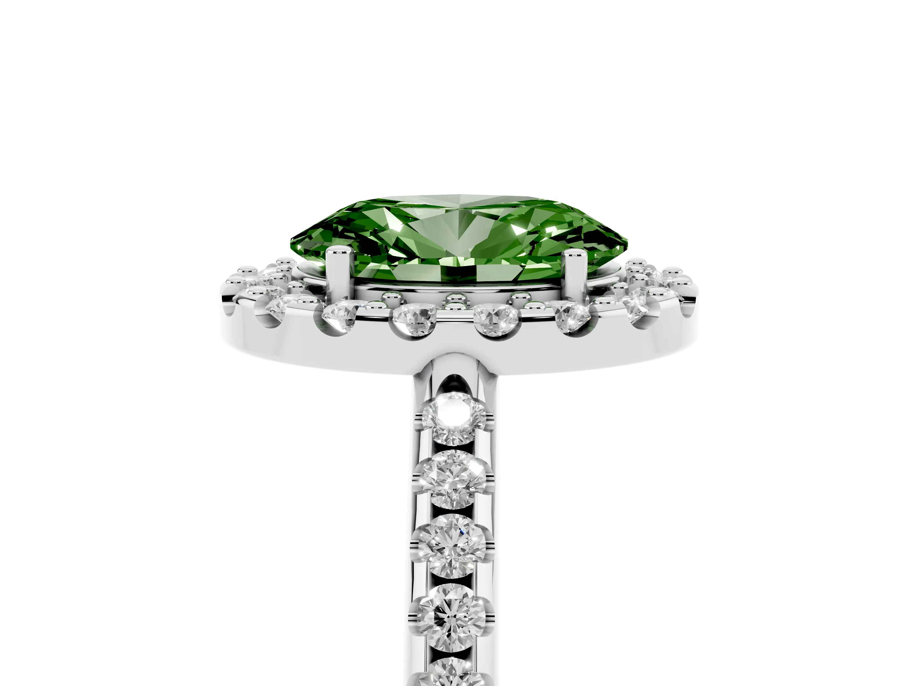Fancy Green Oval Cut Diamond Pavé Halo Ring Set in Silver with Prong Setting