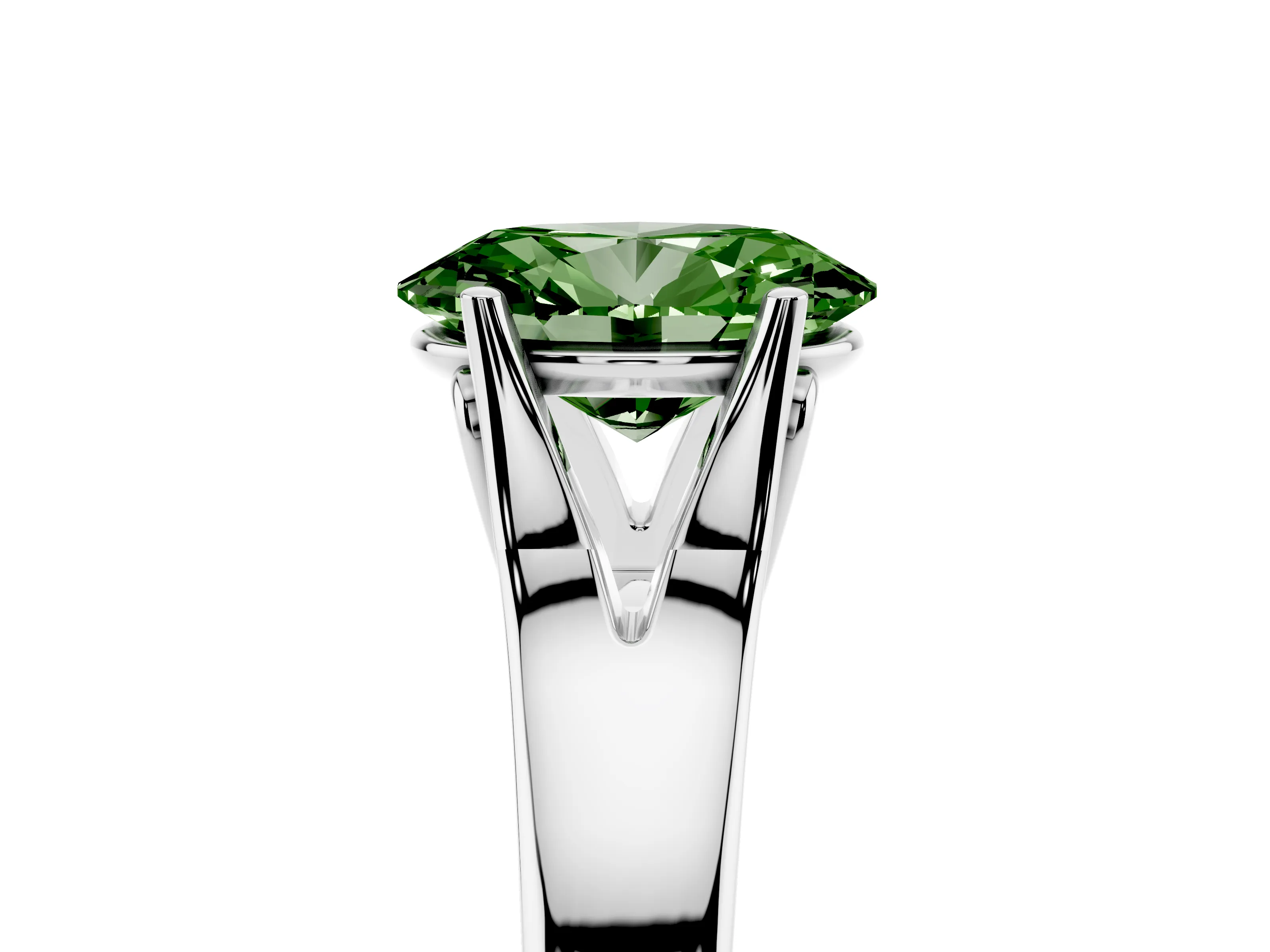 Fancy Green Oval Cut Diamond Solitaire Ring Set in White gold with Arched Cathedral Band and Prong Setting