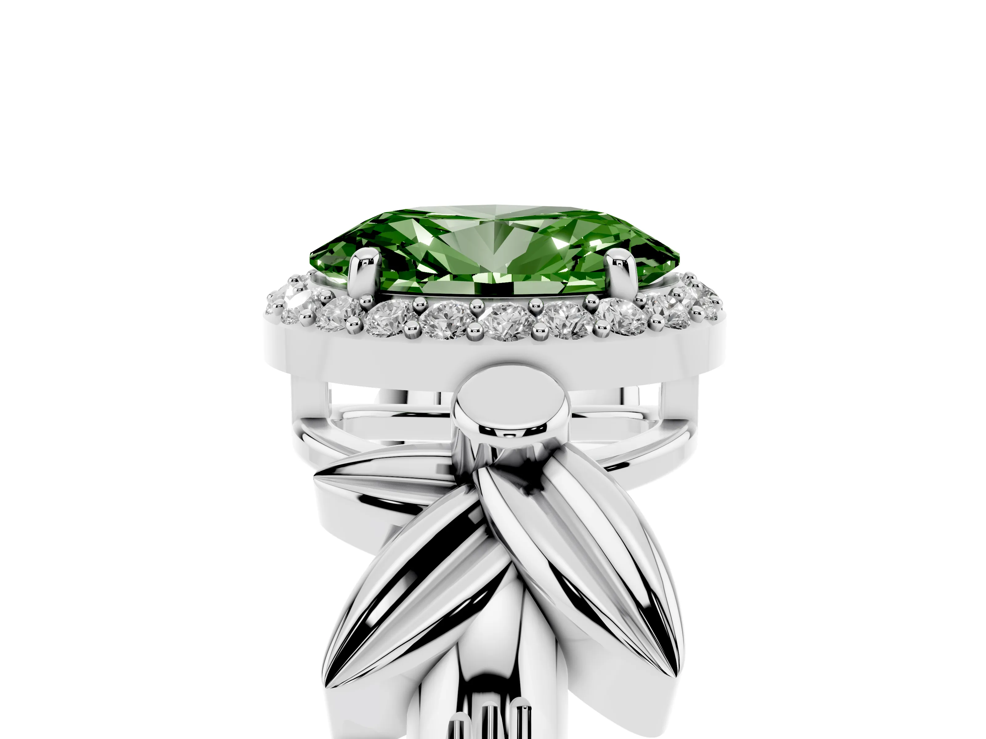 Fancy Green Oval Cut Diamond Halo Floral Band Ring Set in Silver with Prong Setting