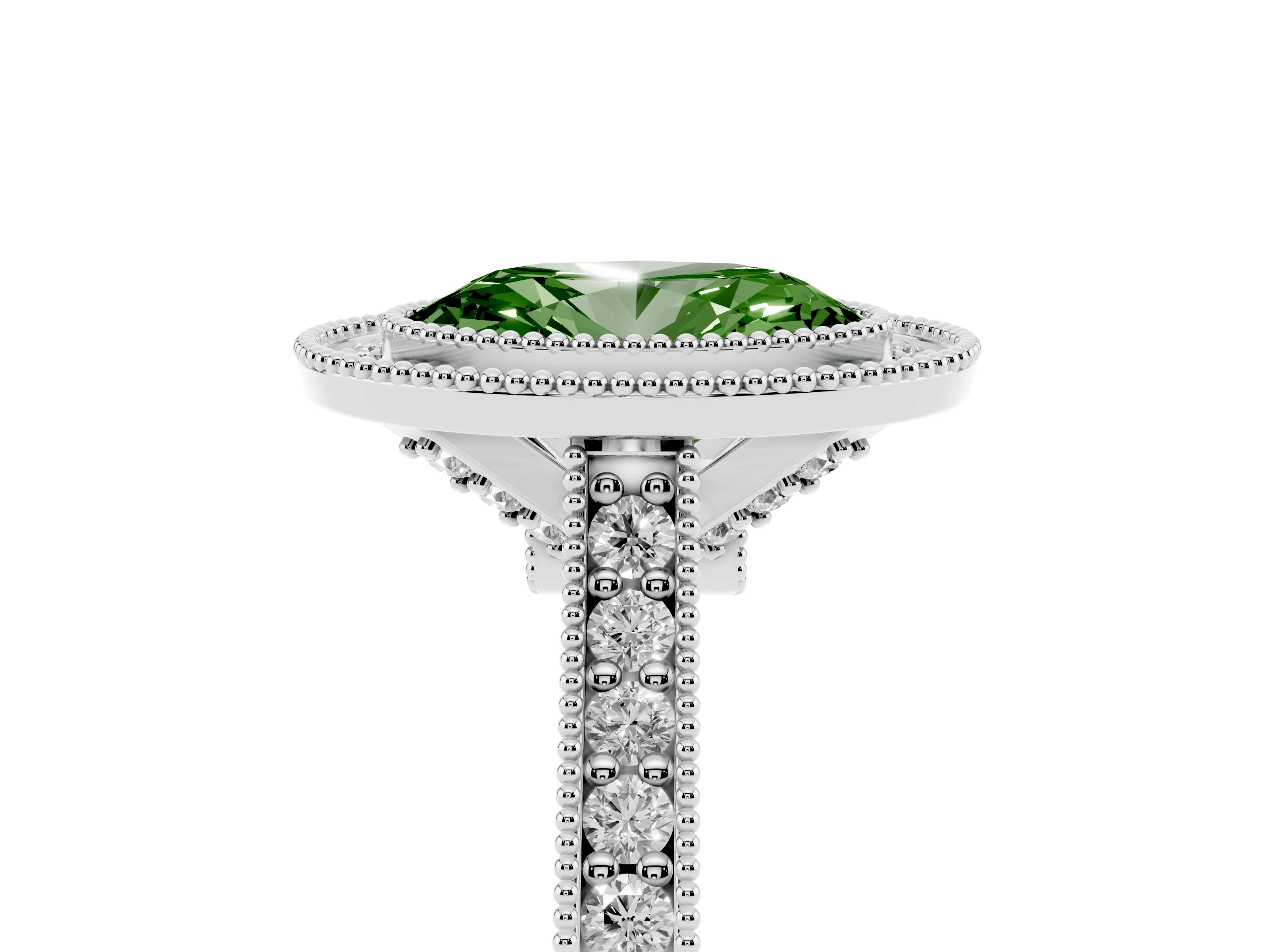 Fancy Green Oval Cut Diamond Halo Milgrain Pavé Band Ring Set in Silver with Prong Setting