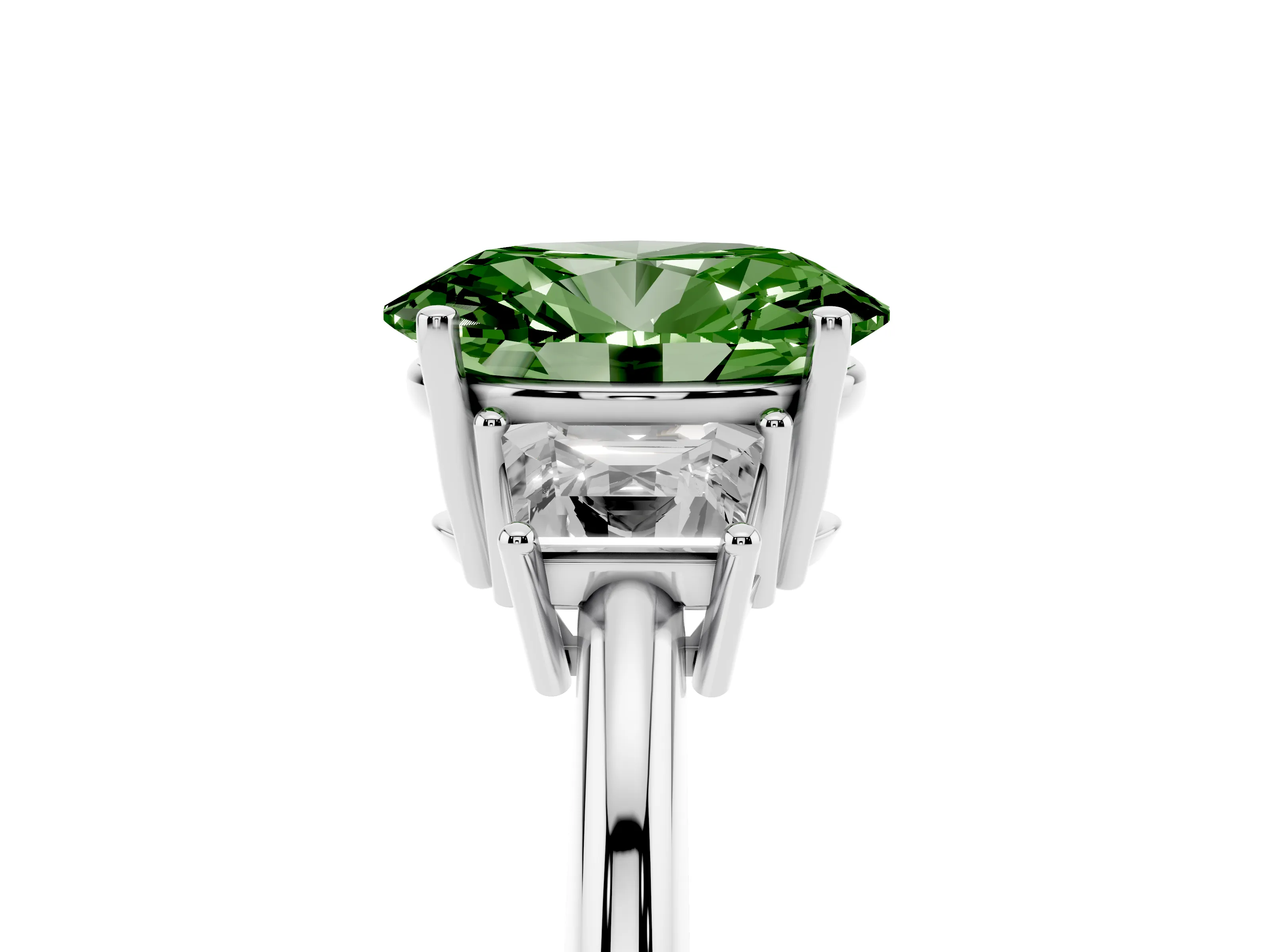 Fancy Green Oval Cut Diamond Three-Stone Ring Set in White gold with Trapezoid Side Stones and Prong Setting