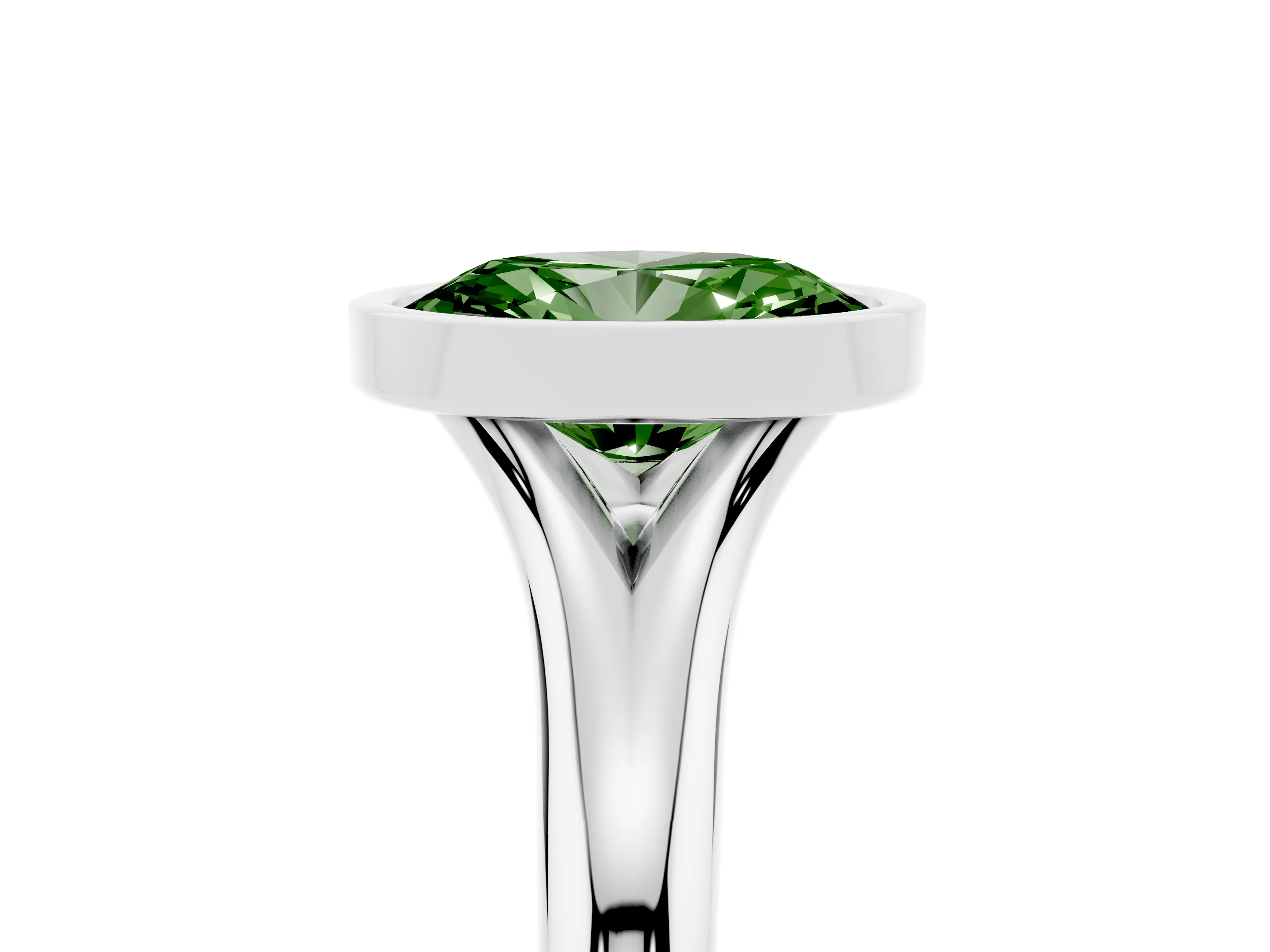 Fancy Green Bezel Set Oval Cut Diamond Solitaire Ring Set in Platinum with Smooth Band