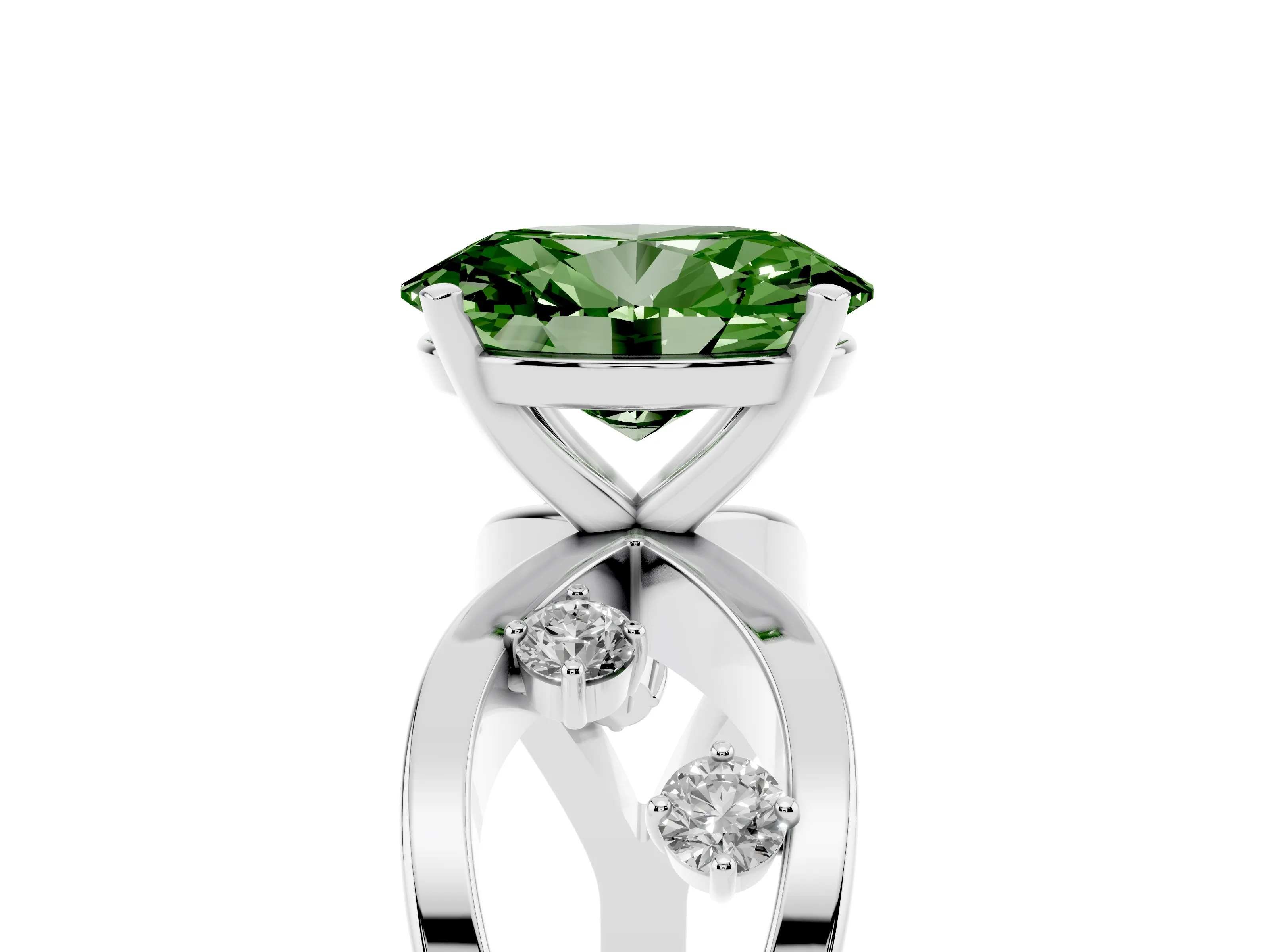 Fancy Green Oval Cut Diamond Solitaire Ring Set in Silver with Side Stones on Criss-Cross Band and Prong Setting