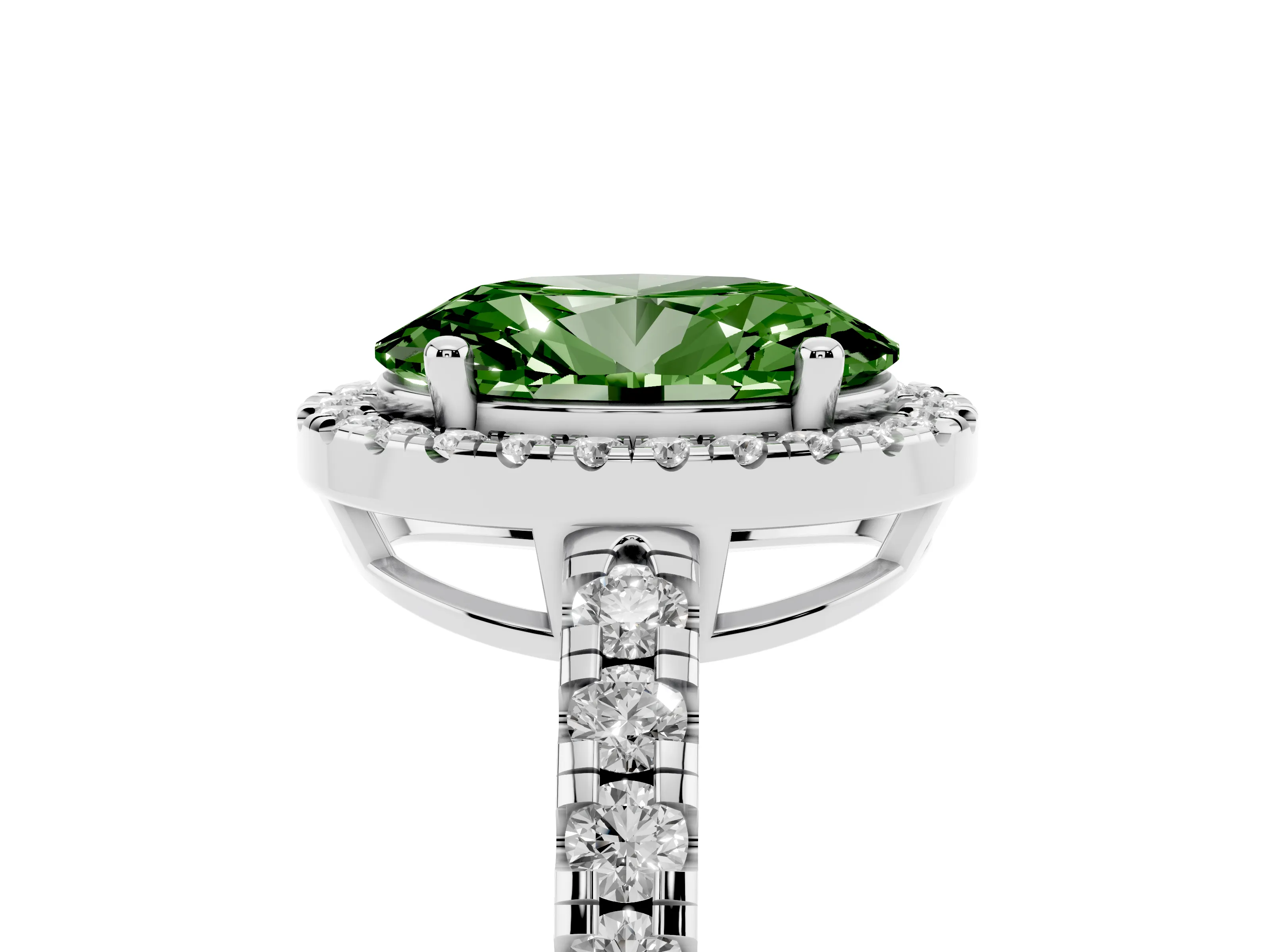 Fancy Green Oval Cut Diamond Halo Ring Set in White gold with Delicate Pavé Band and Prong Setting
