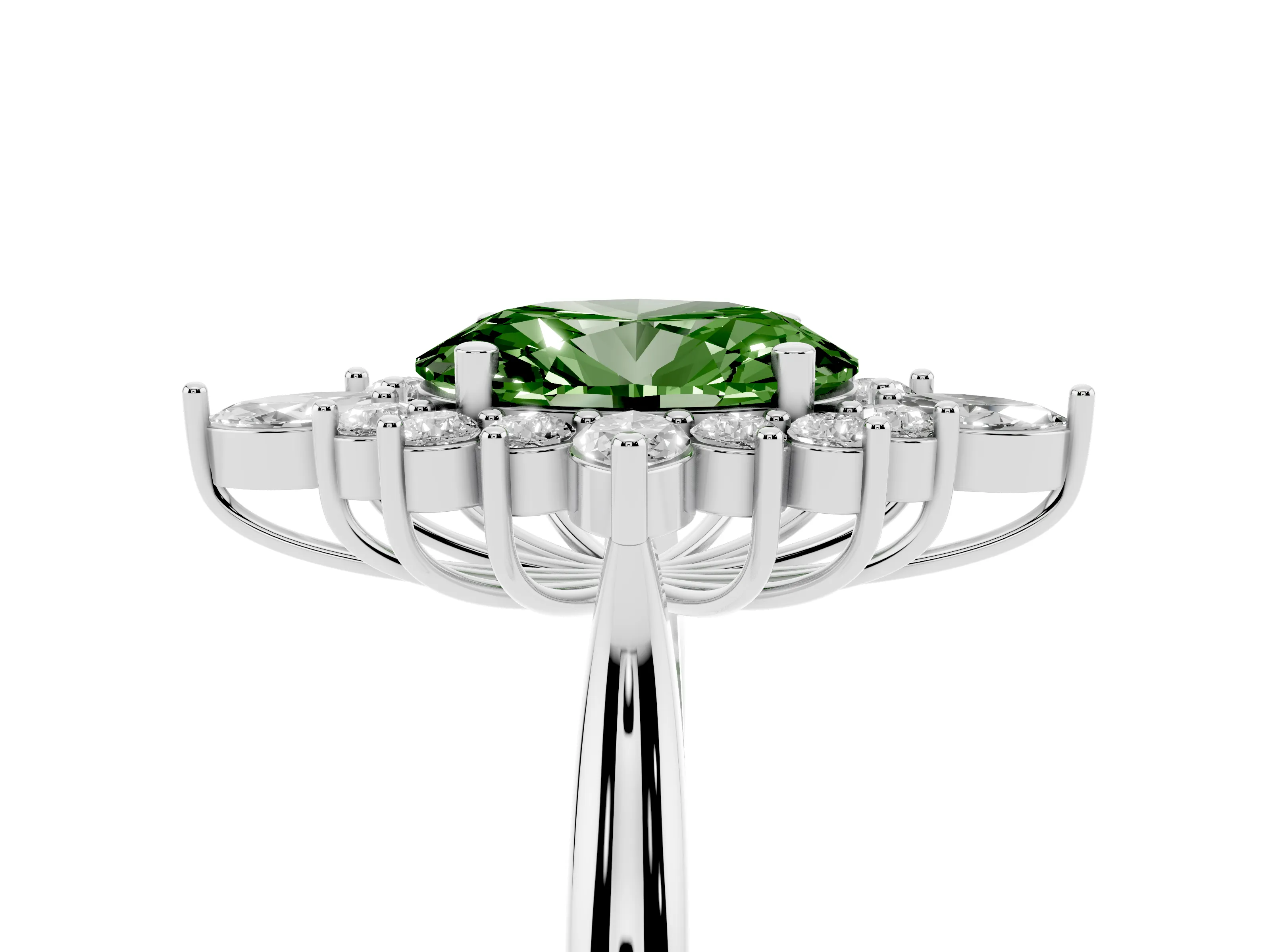 Fancy Green Oval Cut Diamond Cluster Halo Ring Set in White gold with Marquise and Round Accents