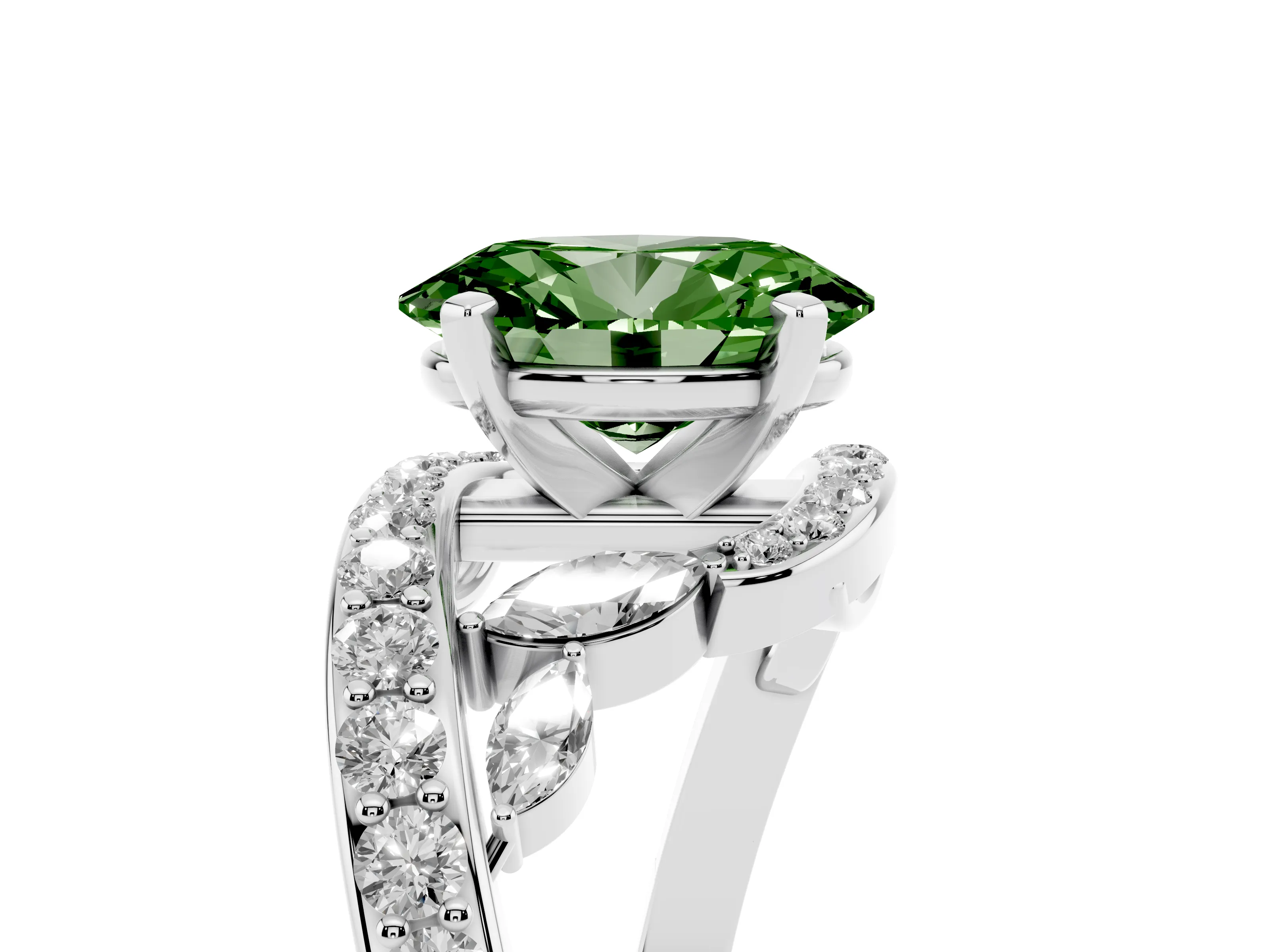 Fancy Green Oval Cut Diamond Solitaire Ring Set in Silver with Pavé Twist Band and Secure Prong Setting