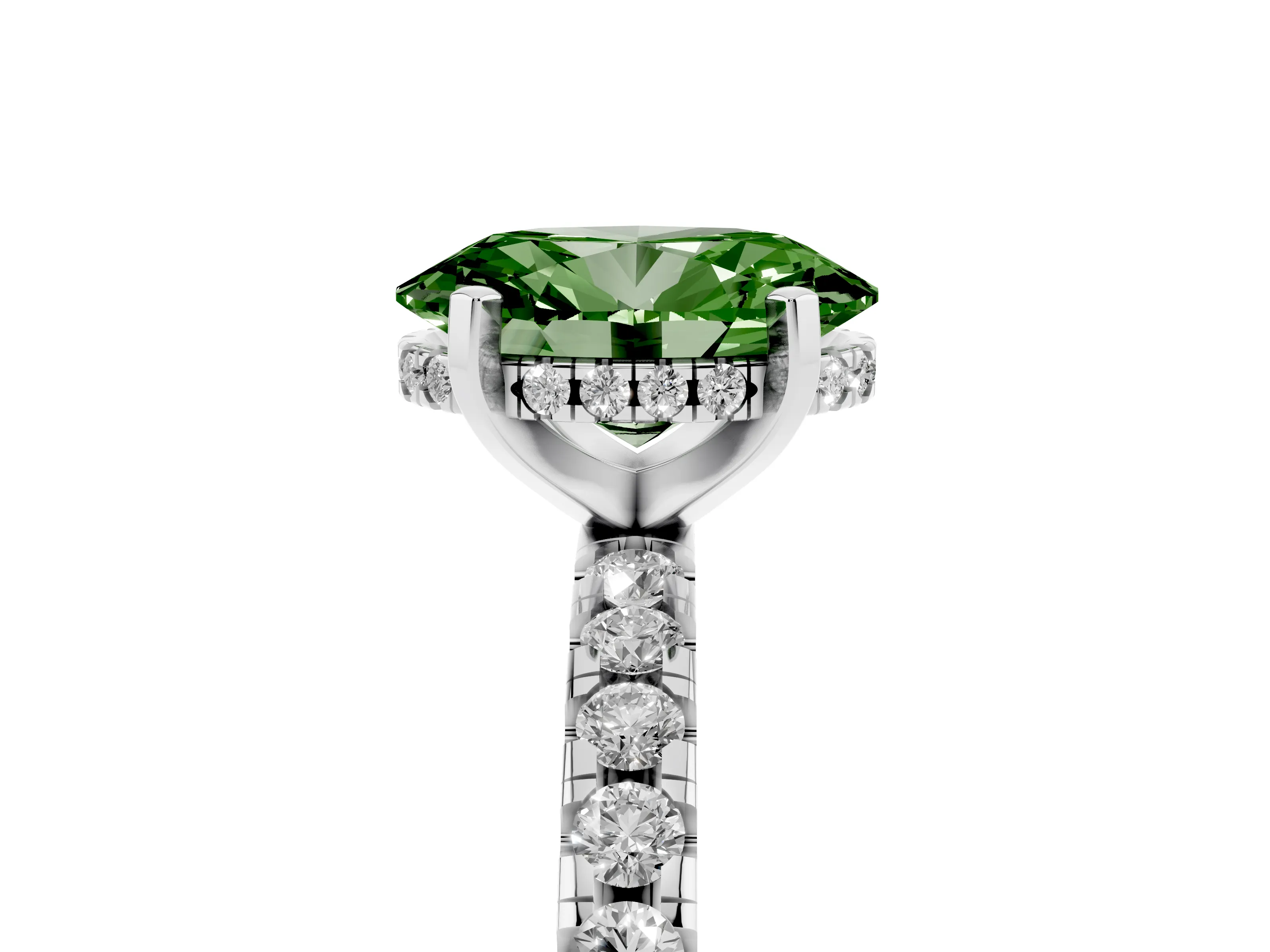 Fancy Green Oval Cut Diamond Pavé Solitaire Ring Set in Platinum with Round Band Accents and Prong Setting