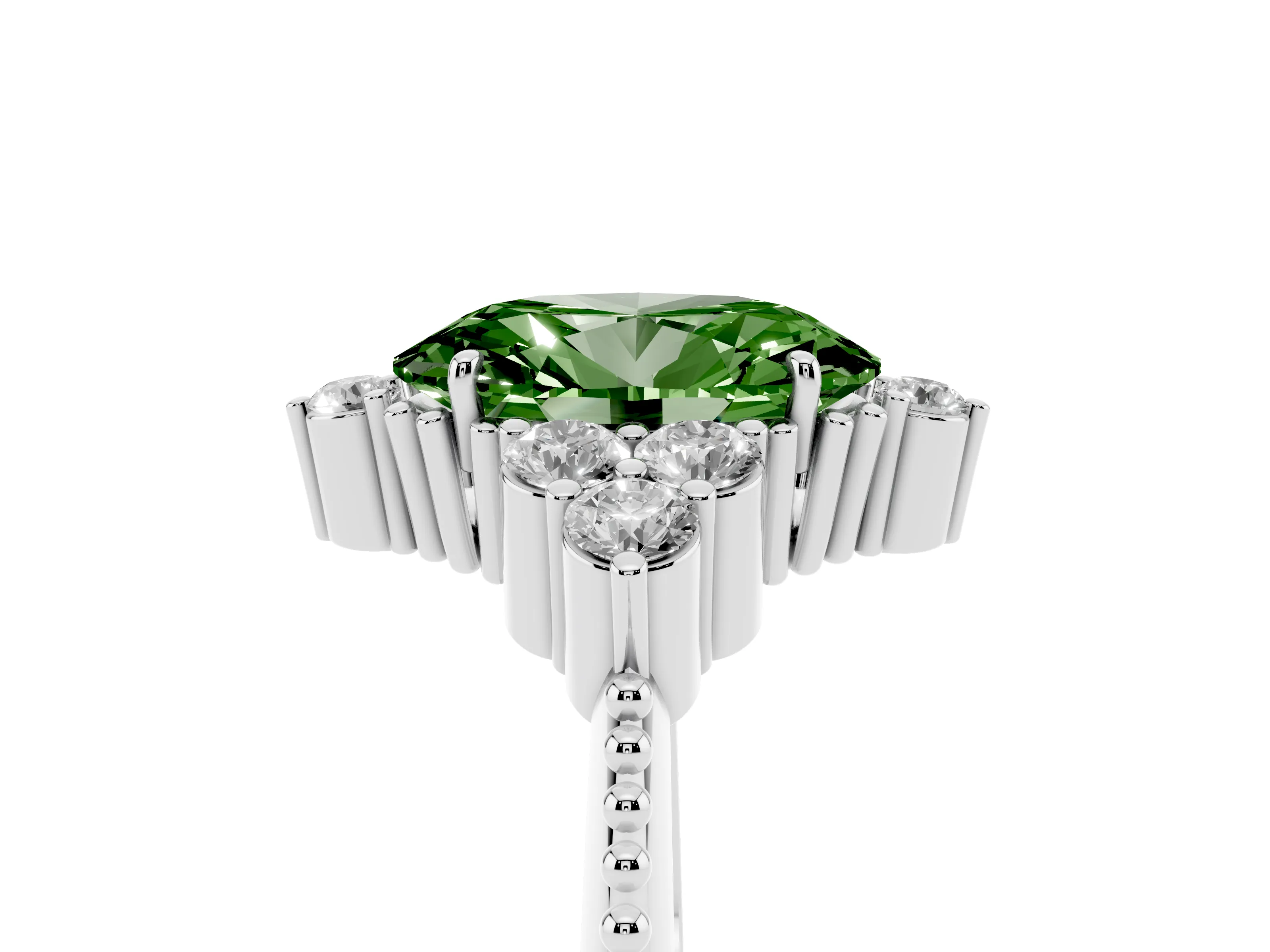 Fancy Green Oval Cut Diamond Cluster Ring Set in Silver with Beaded Band