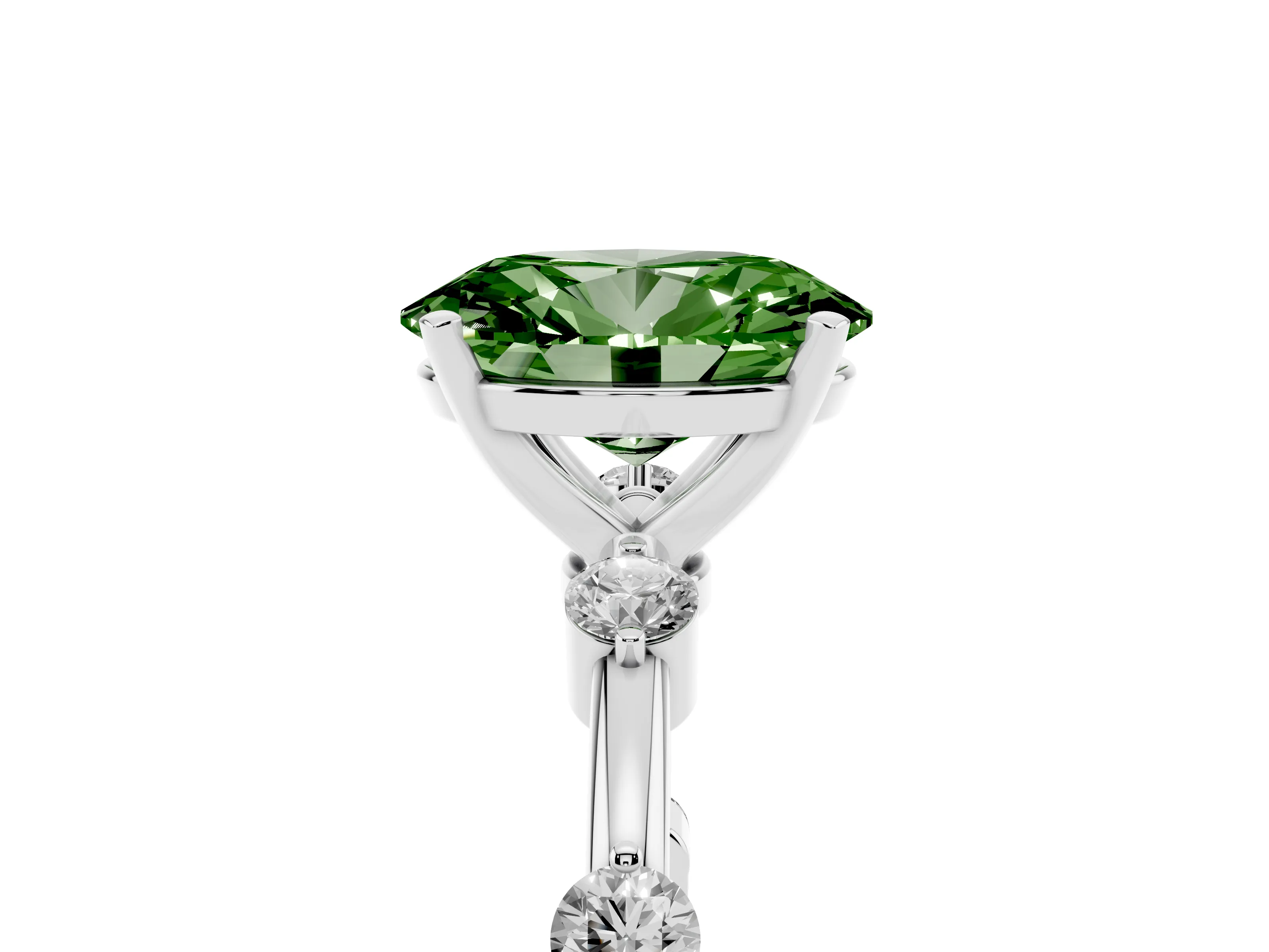 Fancy Green Oval Cut Diamond Solitaire Ring Set in Silver with Bezel Set Side Stones and Prong Setting