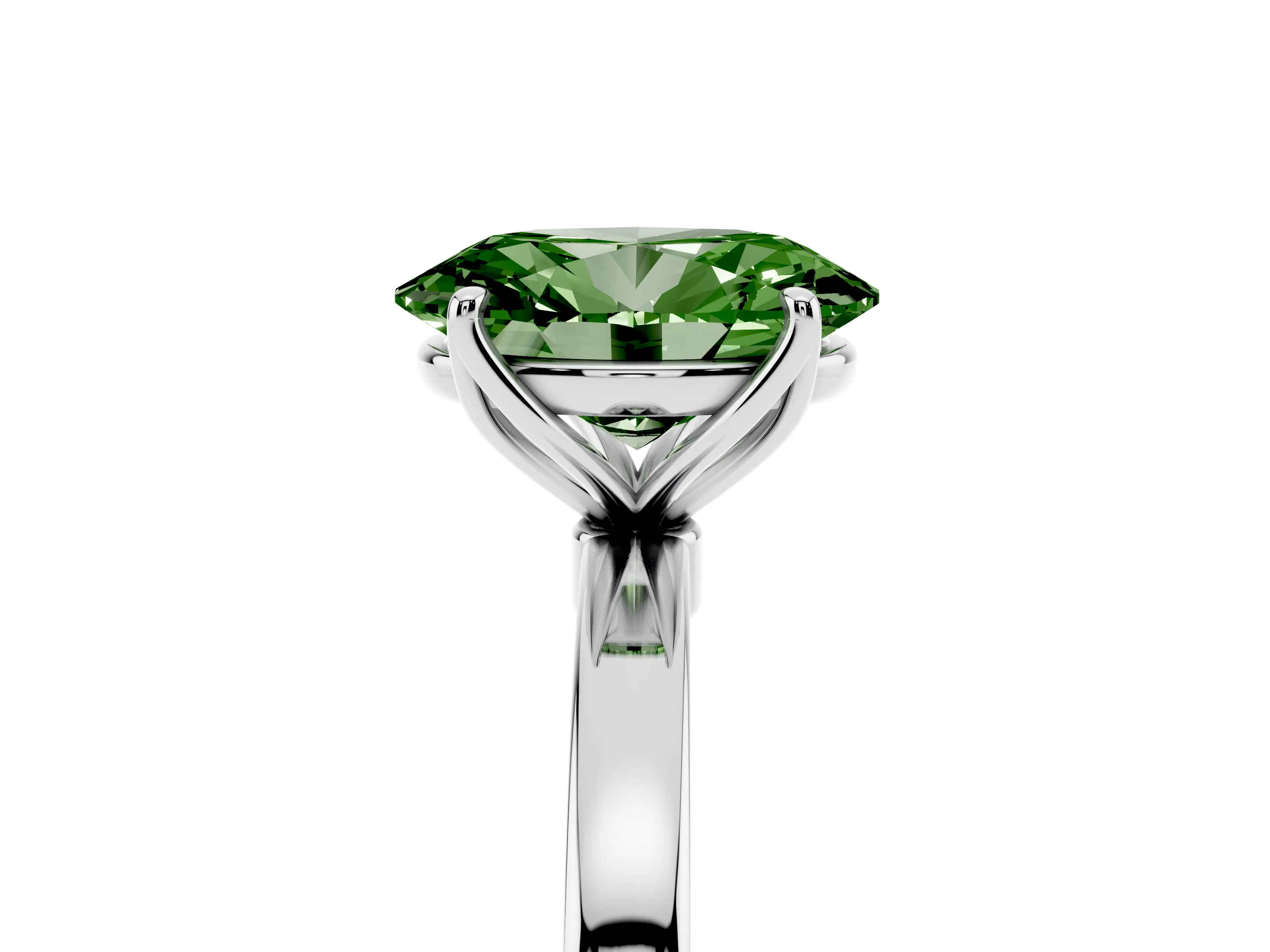 Fancy Green Oval Cut Diamond Solitaire Ring Set in White gold with Prong Setting and Thin Polished Band