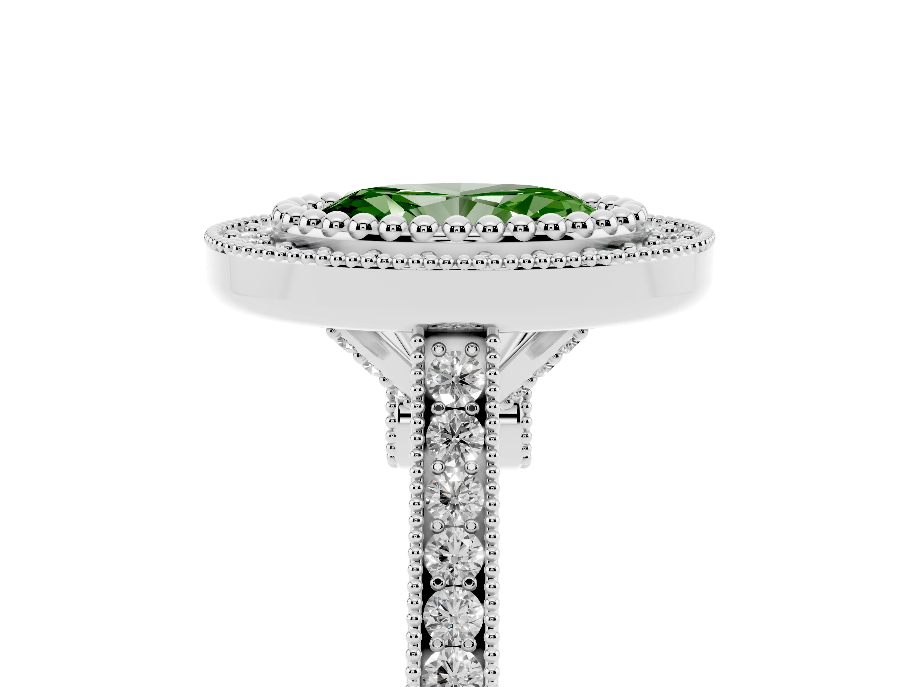 Fancy Green Oval Cut Diamond Halo Ring Set in Silver with Milgrain Frame and Pavé Band