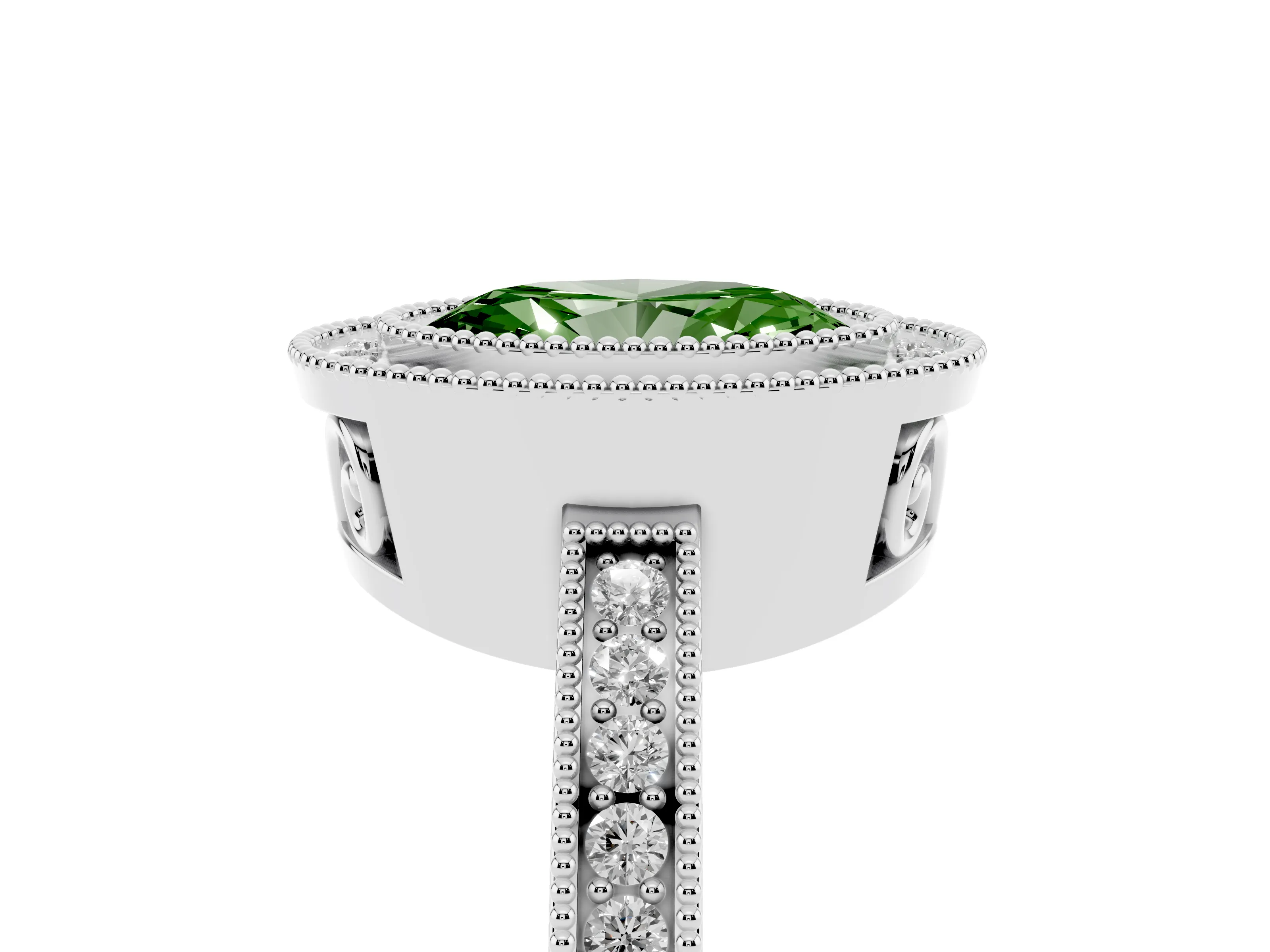 Fancy Green Oval Cut Diamond Halo Ring Set in Platinum with Pavé Band and Milgrain-Edged Prongs