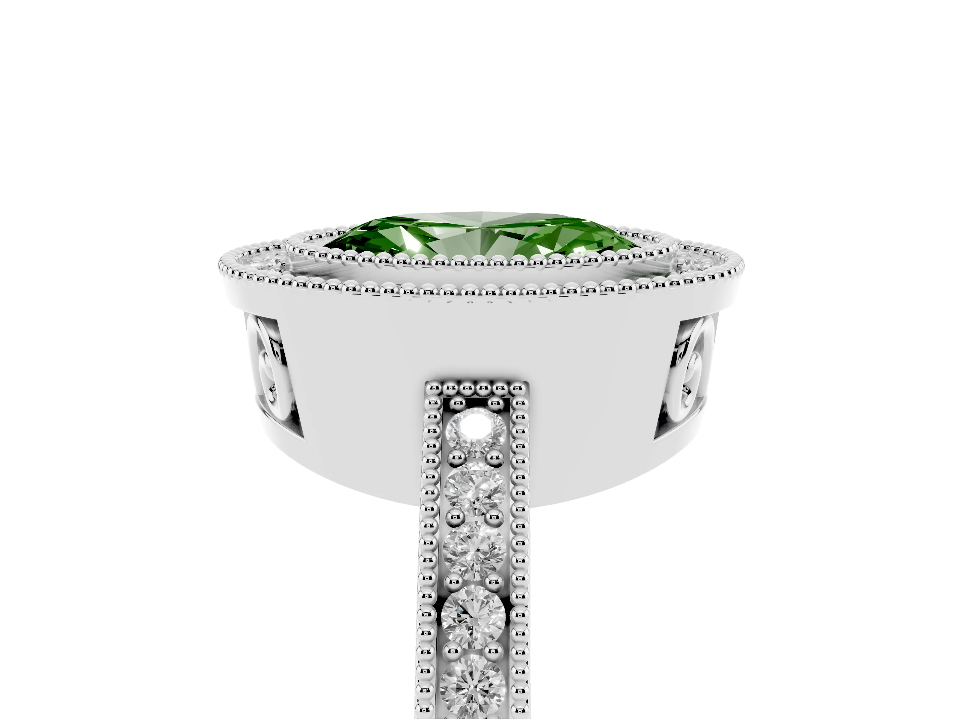 Fancy Green Oval Cut Diamond Round Halo Ring Set in White gold with Pavé Band