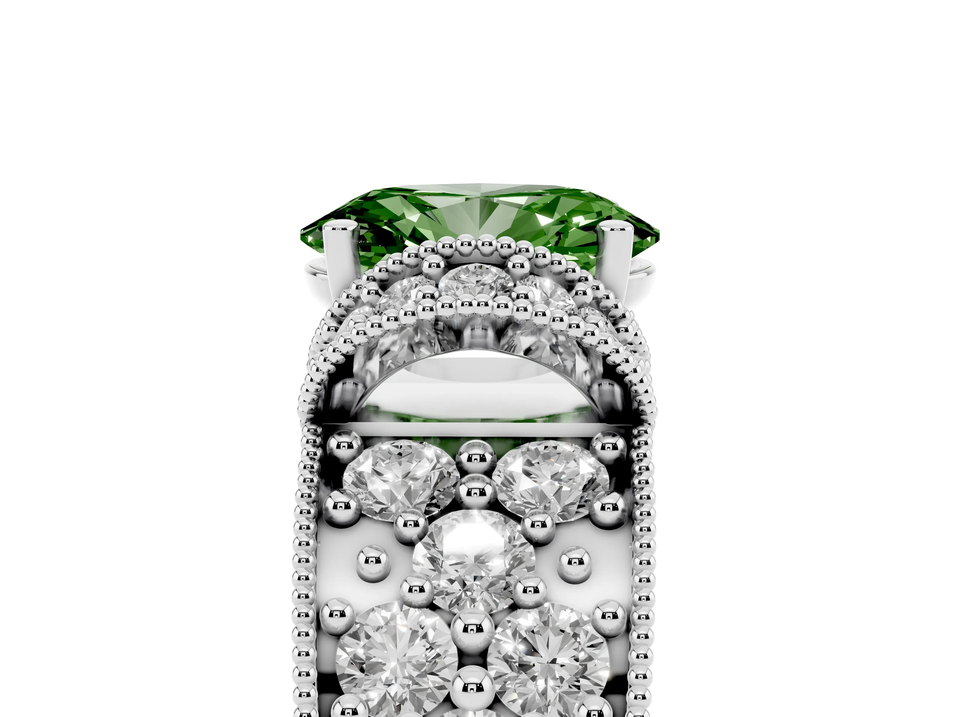 Fancy Green Oval Cut Diamond Milgrain Halo Pavé Engagement Ring Set in Platinum with Prong Setting