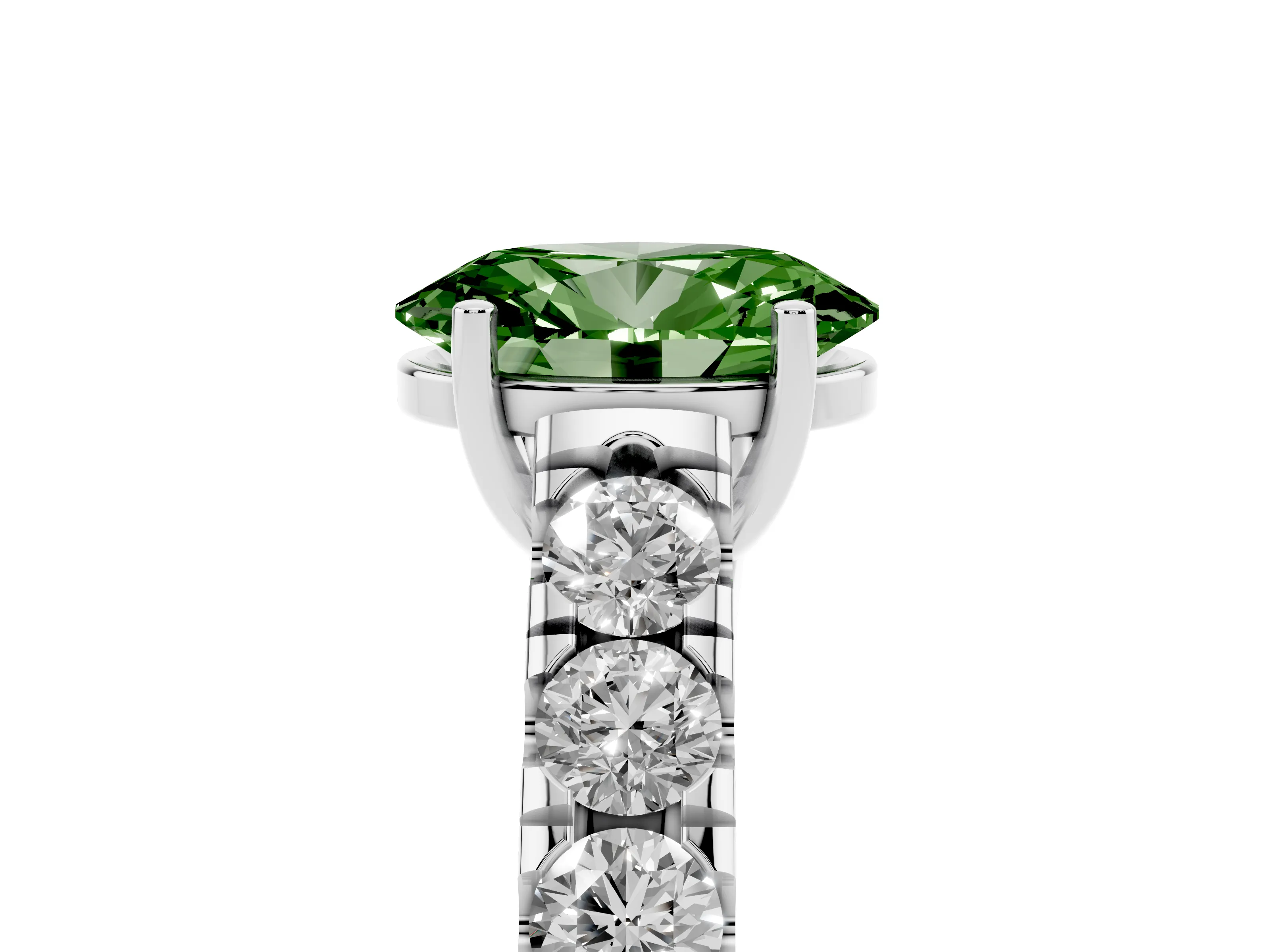 Fancy Green Oval Cut Diamond Solitaire Ring Set in Silver with Cut-Down Micro Pavé Band and Prong Setting