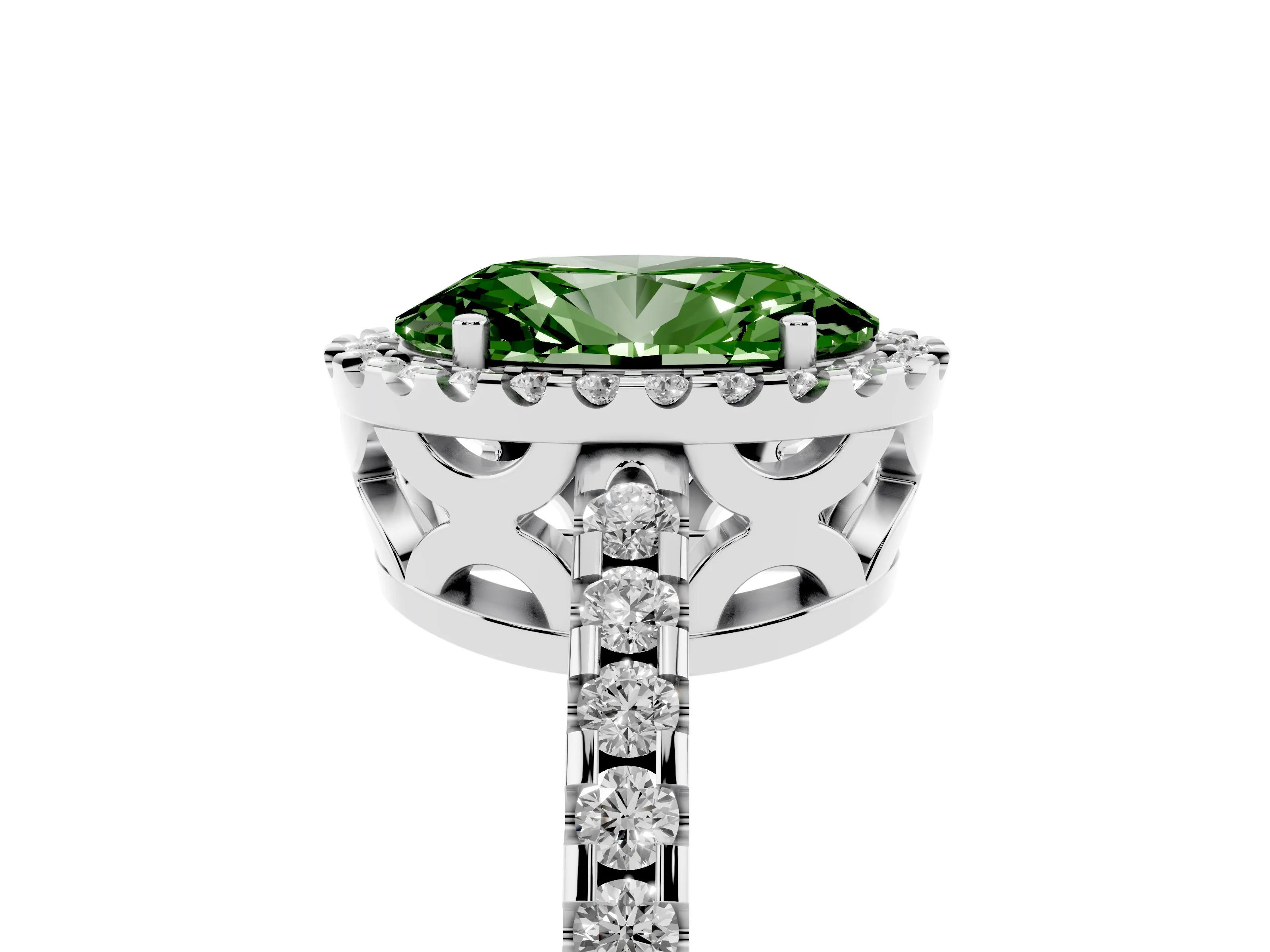 Fancy Green Oval Cut Diamond Halo Ring Set in White gold with Pavé Shoulders and Halo-Framed Center