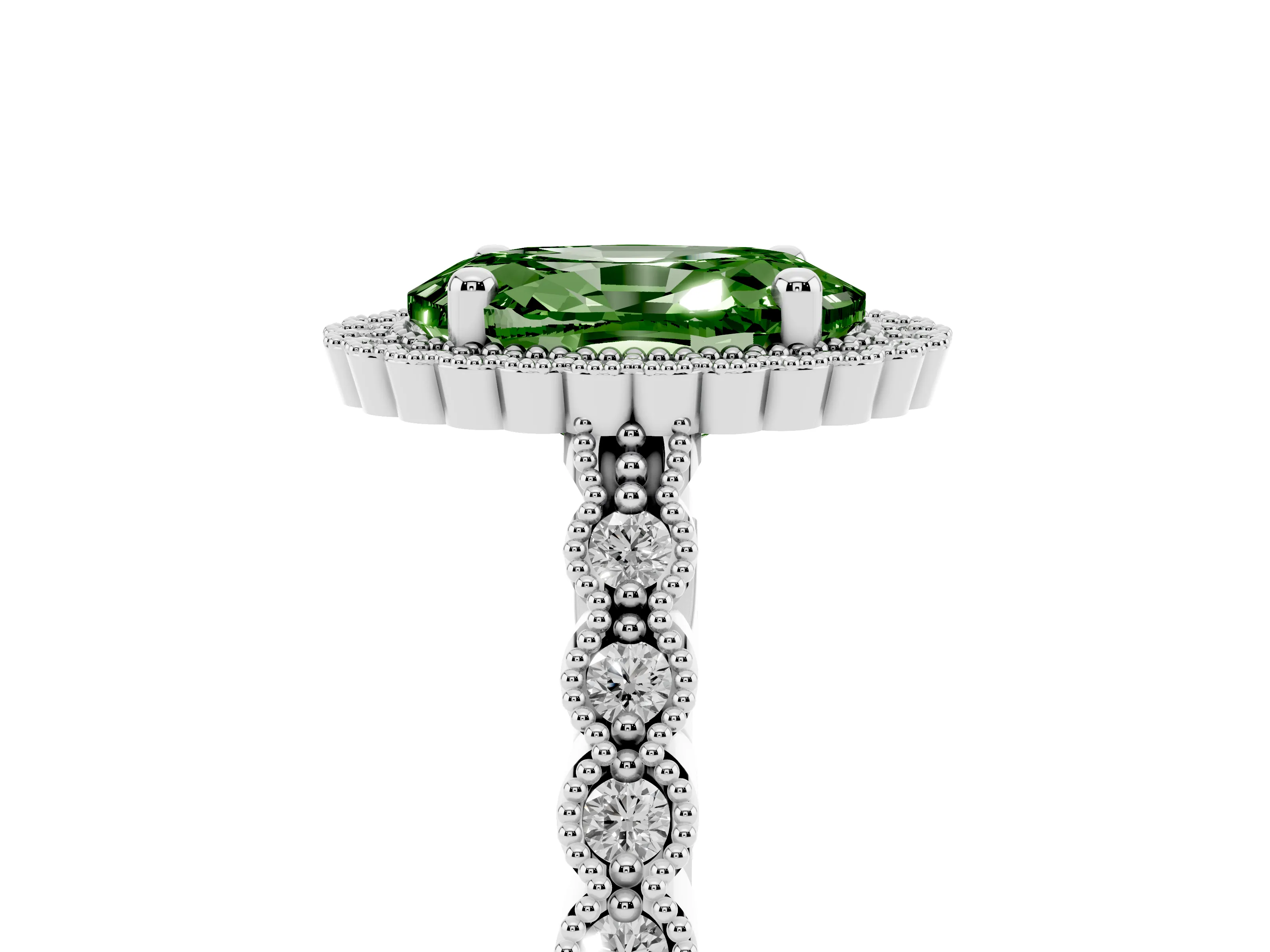 Fancy Green Oval Cut Diamond Halo Ring Set in Silver with Pavé Milgrain Band