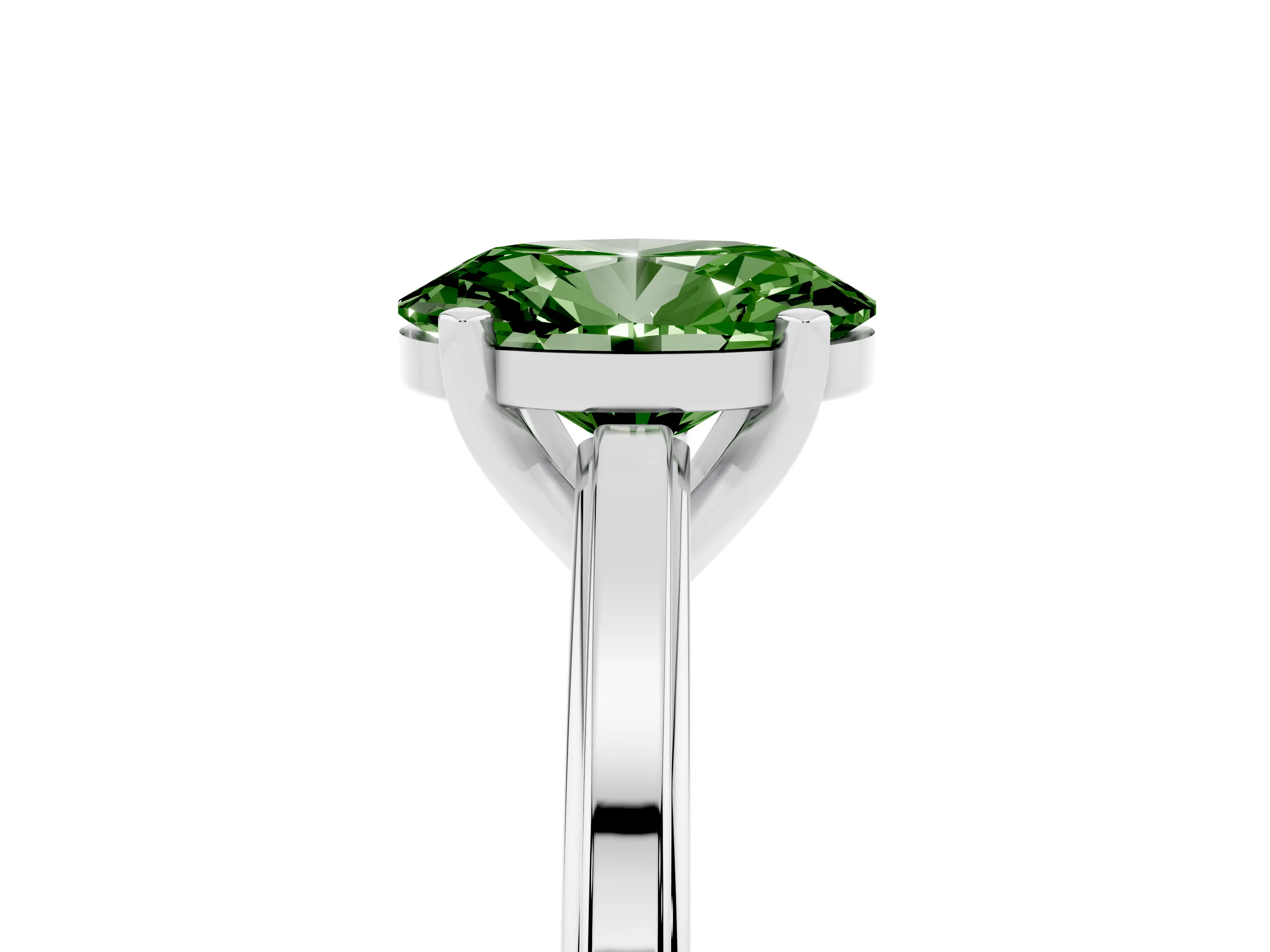 Fancy Green Oval Cut Diamond Solitaire Ring Set in Platinum with Prong Setting and Classic Band