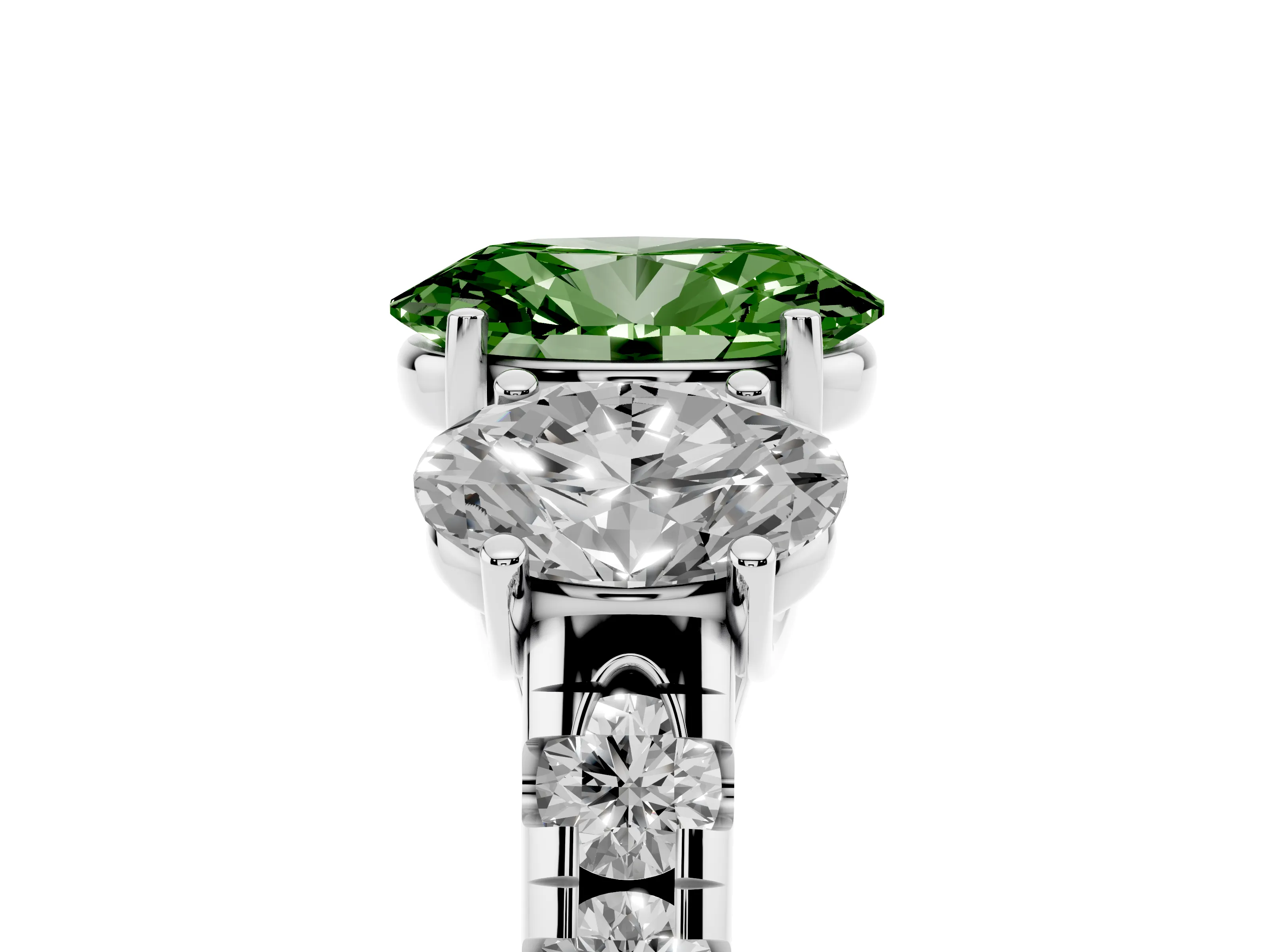 Fancy Green Oval Cut Diamond Three-Stone Ring Set in Silver with Pavé Band