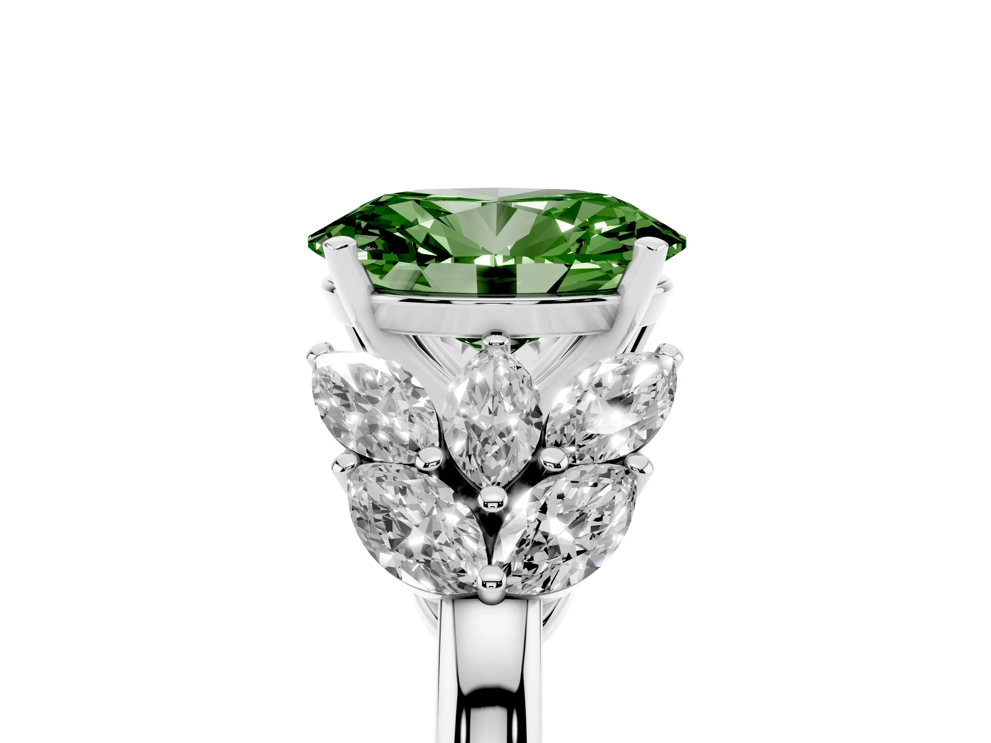 Fancy Green Oval Cut Diamond Cluster Leaf Design Ring Set in White gold with Prong Setting