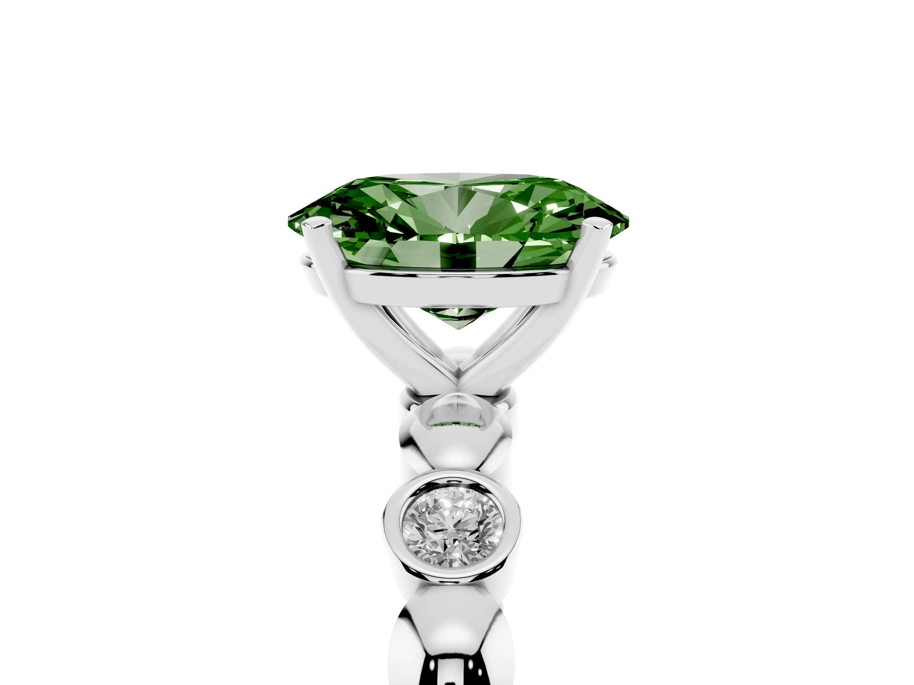 Fancy Green Oval Cut Diamond Solitaire Ring Set in Silver with Bezel-Set Accents on Beaded Band and Prong Setting