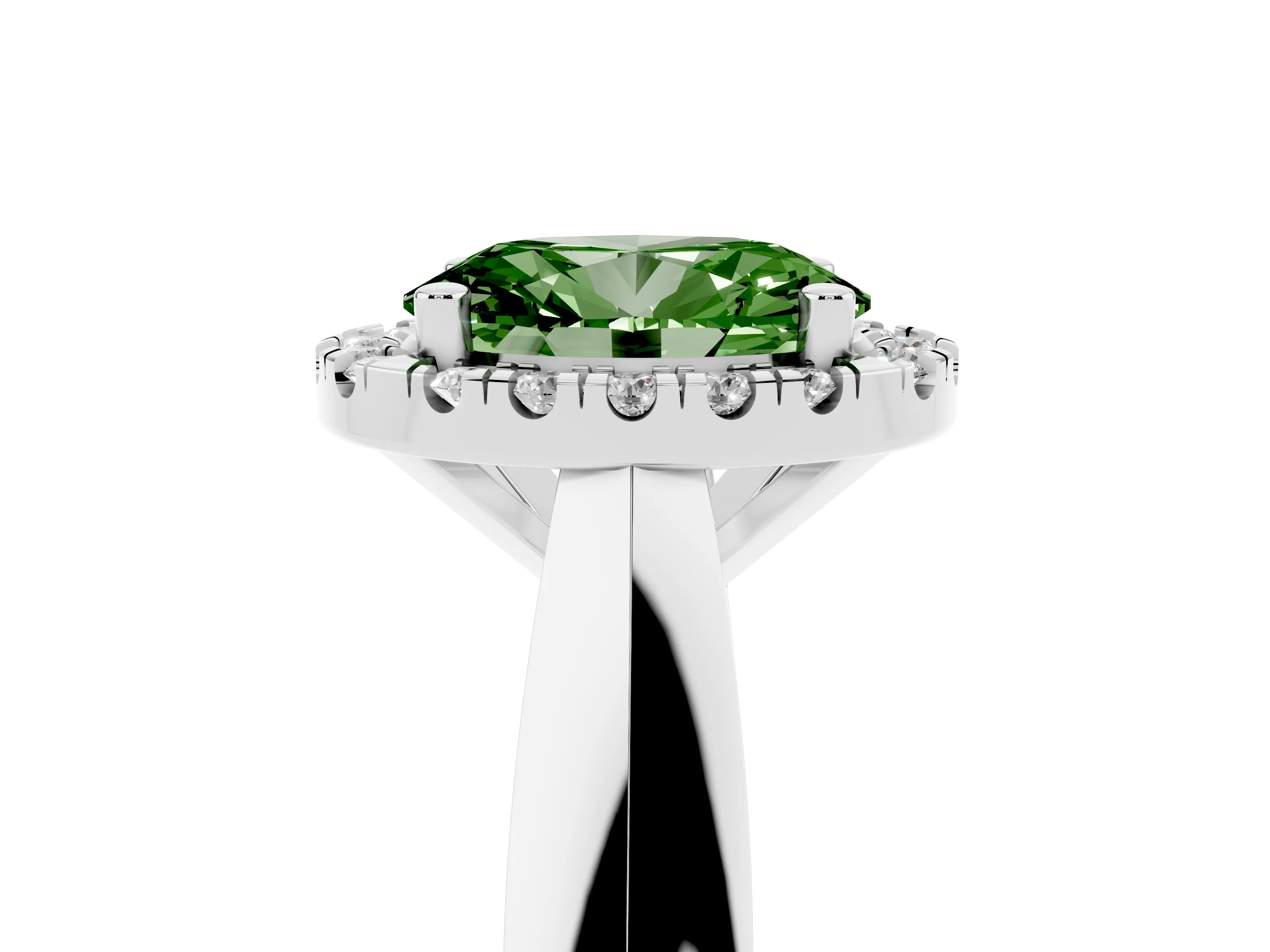 Fancy Green Oval Cut Diamond Halo Solitaire Engagement Ring Set in Silver with Square Band and Prong Setting
