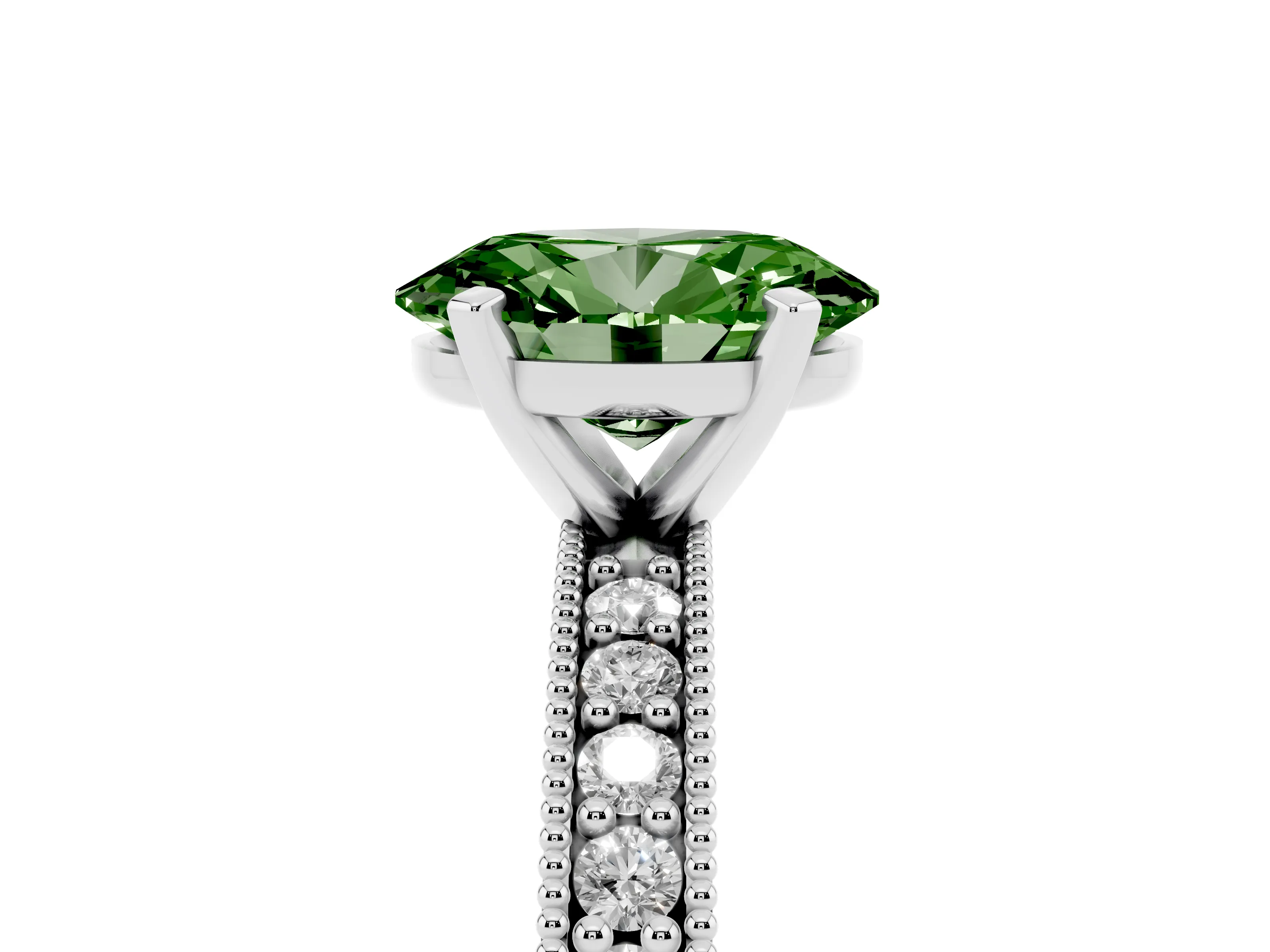 Fancy Green Oval Cut Diamond Milgrain Pavé Engagement Ring Set in Platinum with Prong Setting
