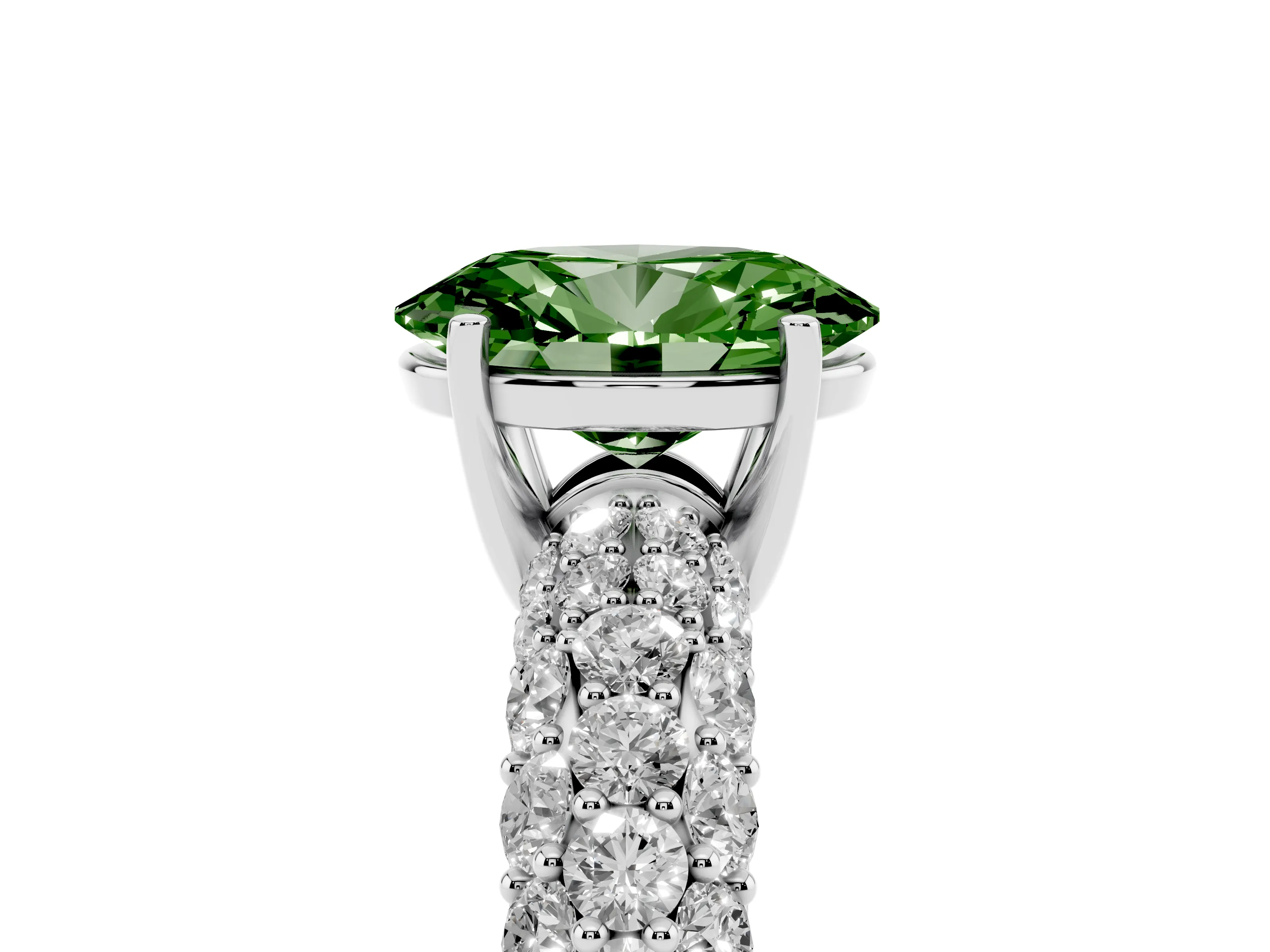 Fancy Green Oval Cut Diamond Pavé Band Solitaire Ring Set in White gold with Close-Set Accent Stones and Prong Setting